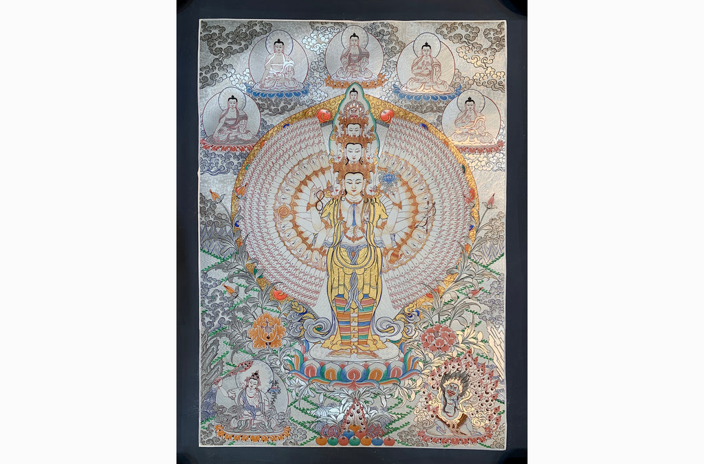 Hand painted SIlver and gold plated thousand armed avalokitesvara thangka painting.