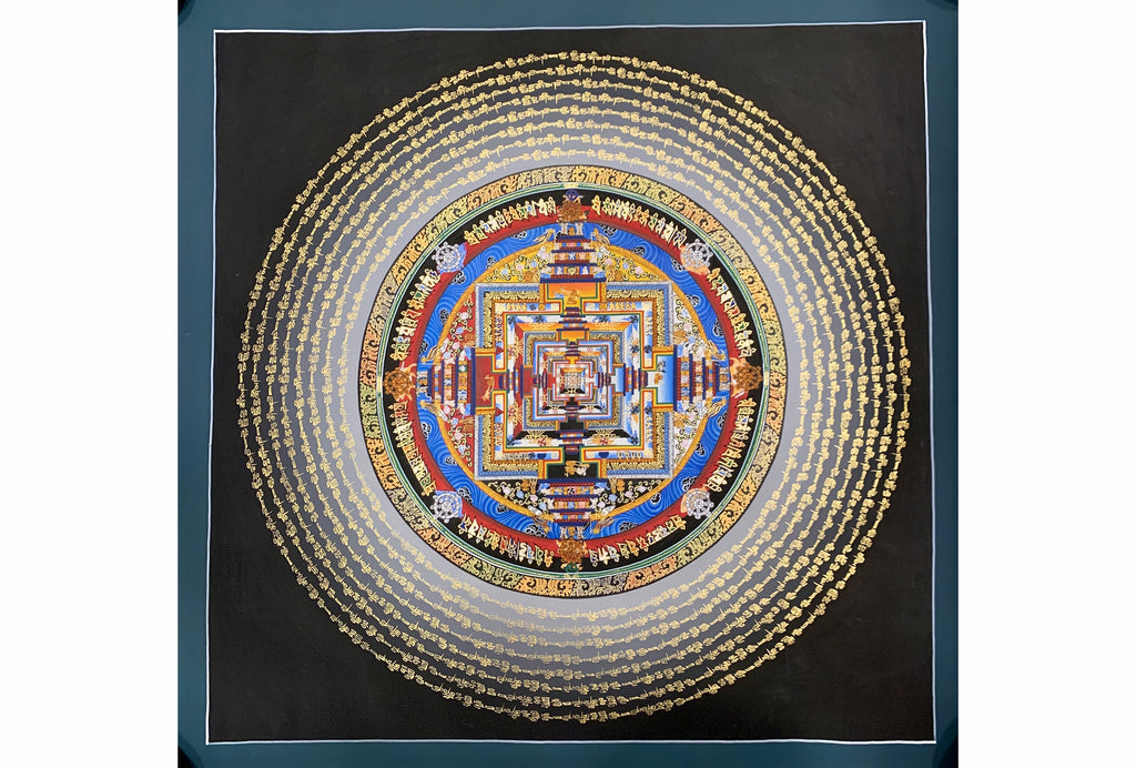 Kalachakra mandala thangka. hand painted wheel of time with mantra cycle.
