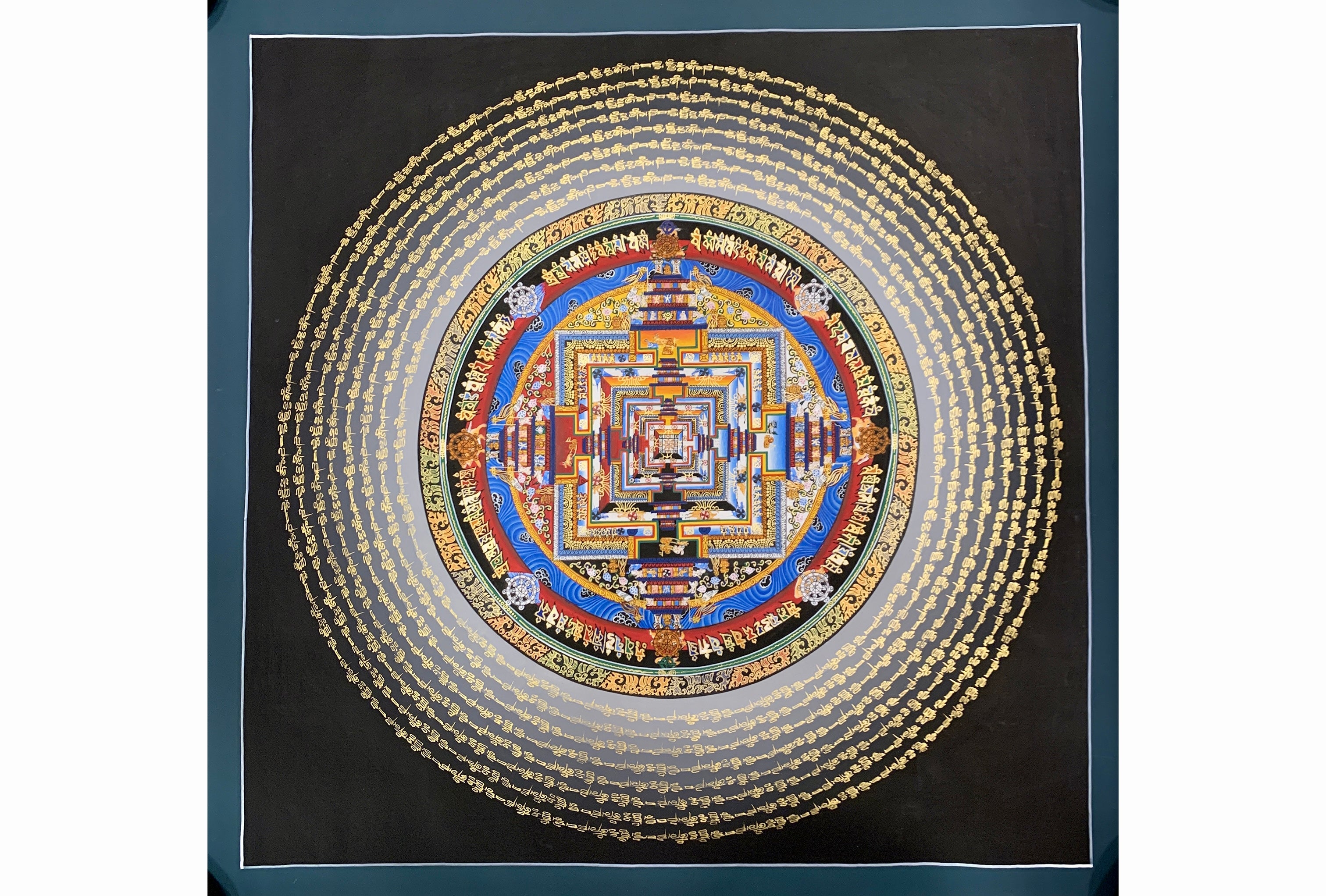 Kalachakra mandala thangka. hand painted wheel of time with mantra cycle.
