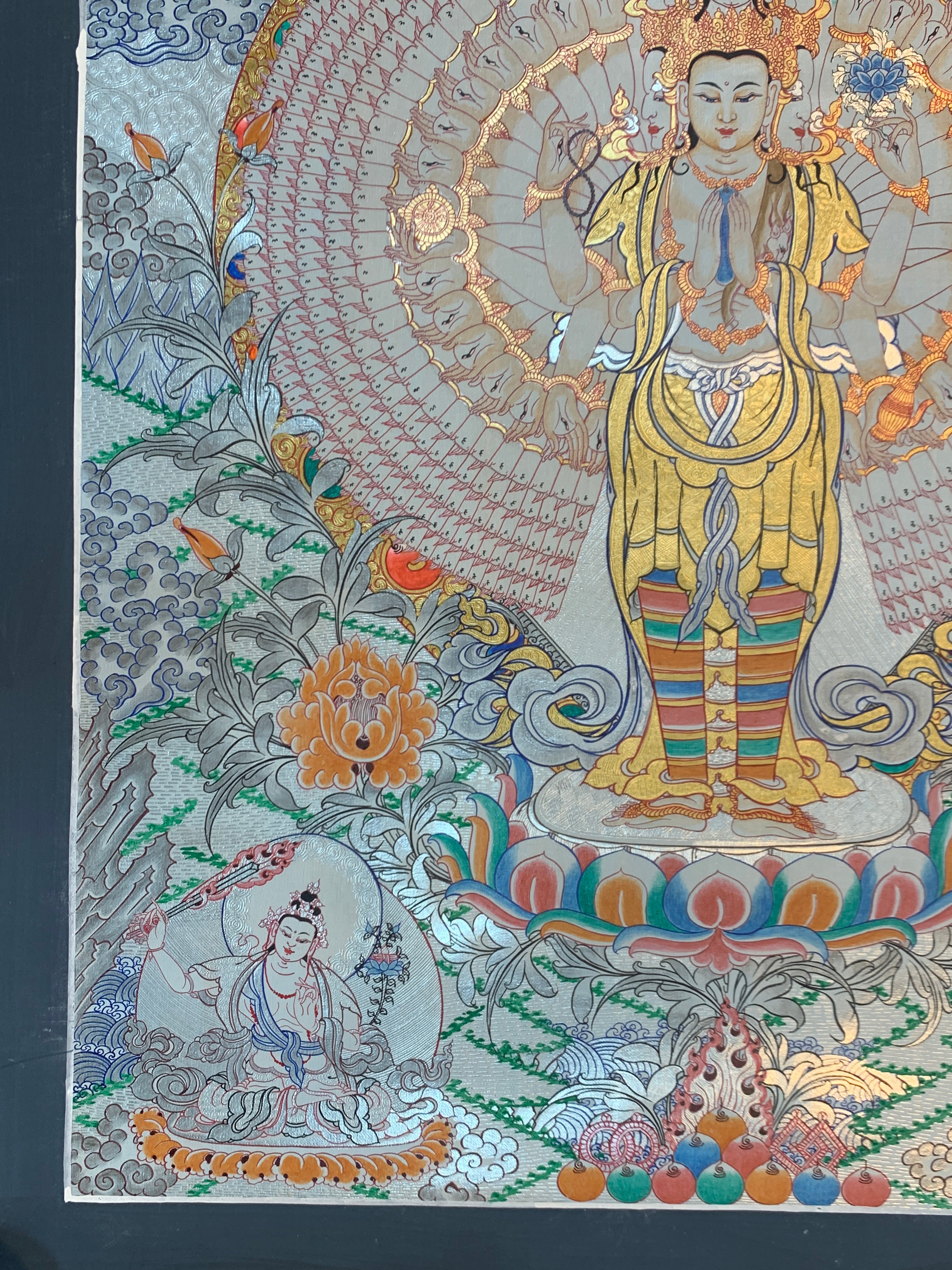 Hand painted SIlver and gold plated thousand armed avalokitesvara thangka painting.