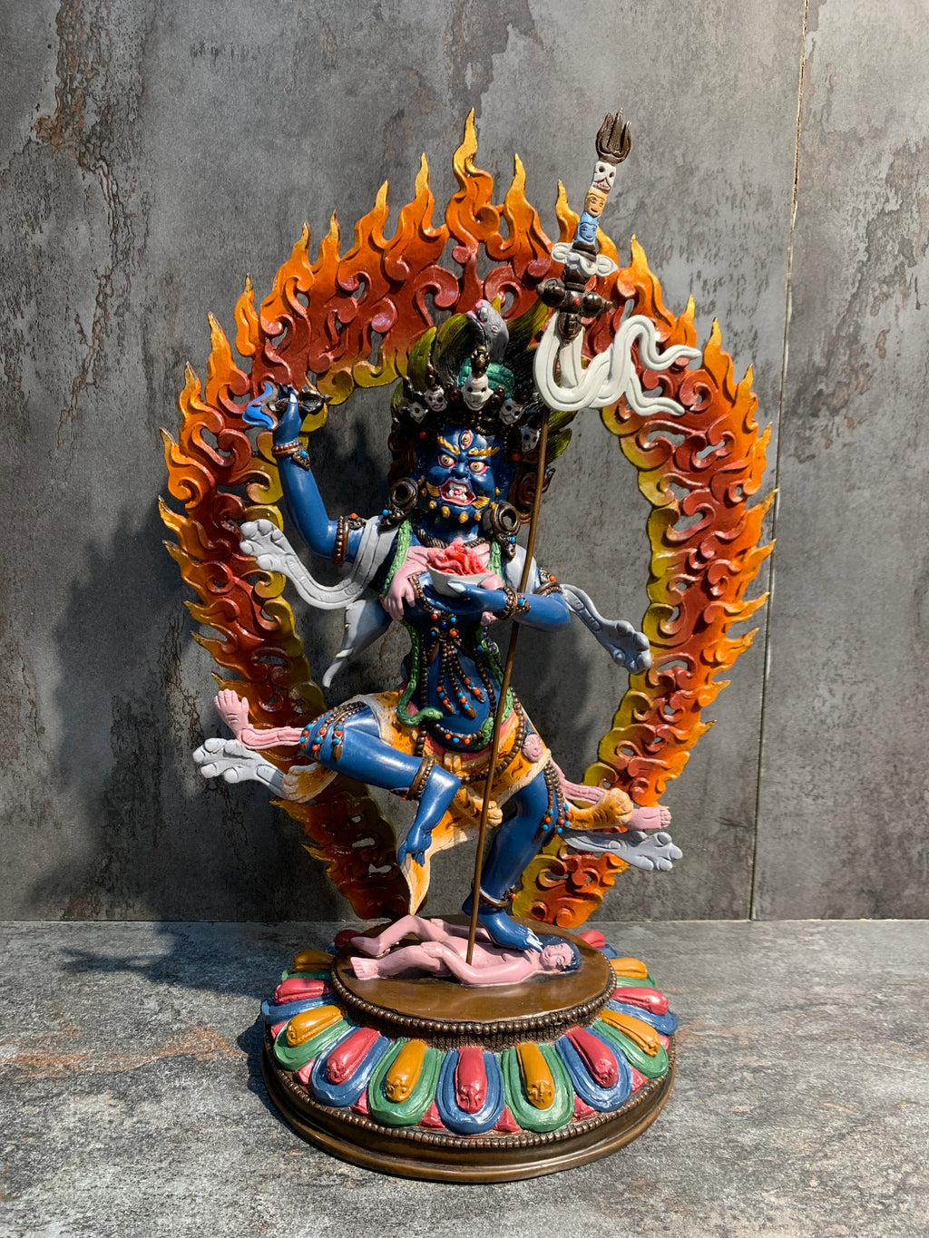 Hand crafted Krodhikali statue made of copper. colorful troma nagmo.