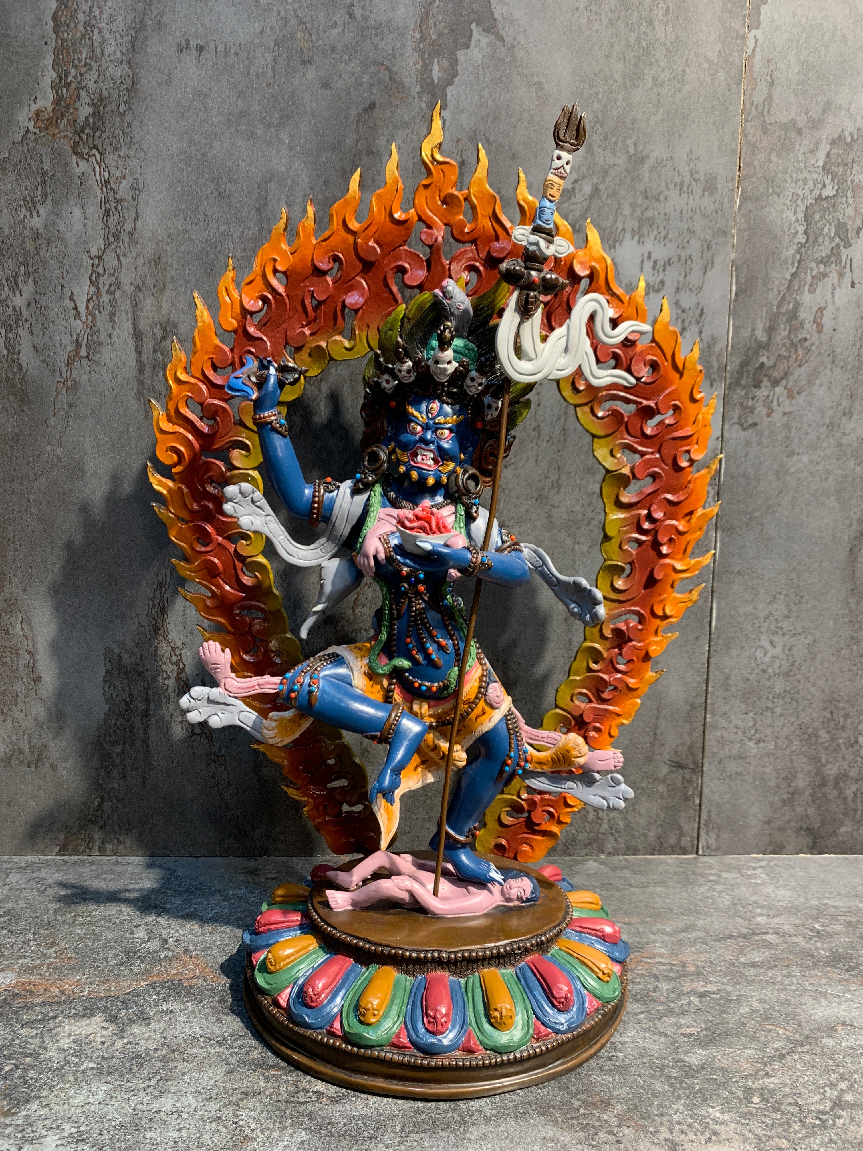 Hand crafted Krodhikali statue made of copper. colorful troma nagmo.