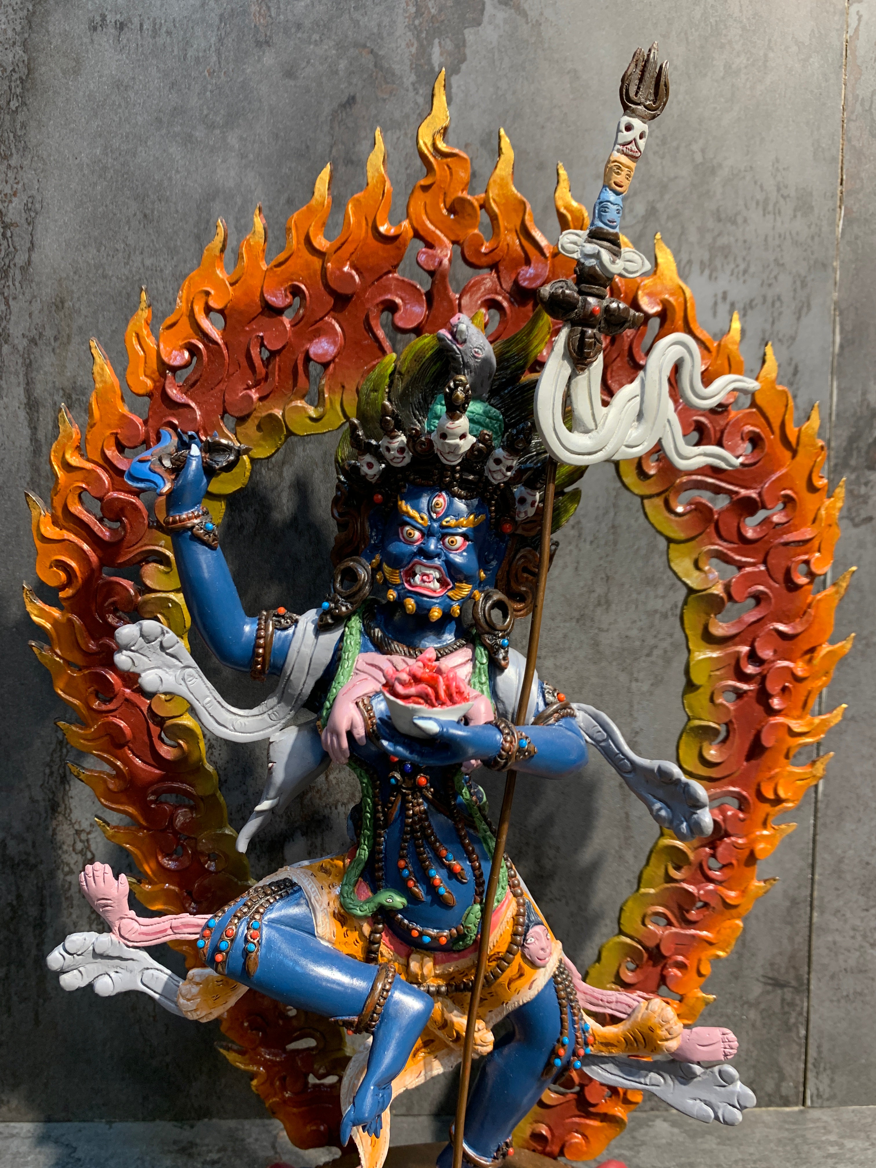 Hand crafted Krodhikali statue made of copper. colorful troma nagmo.