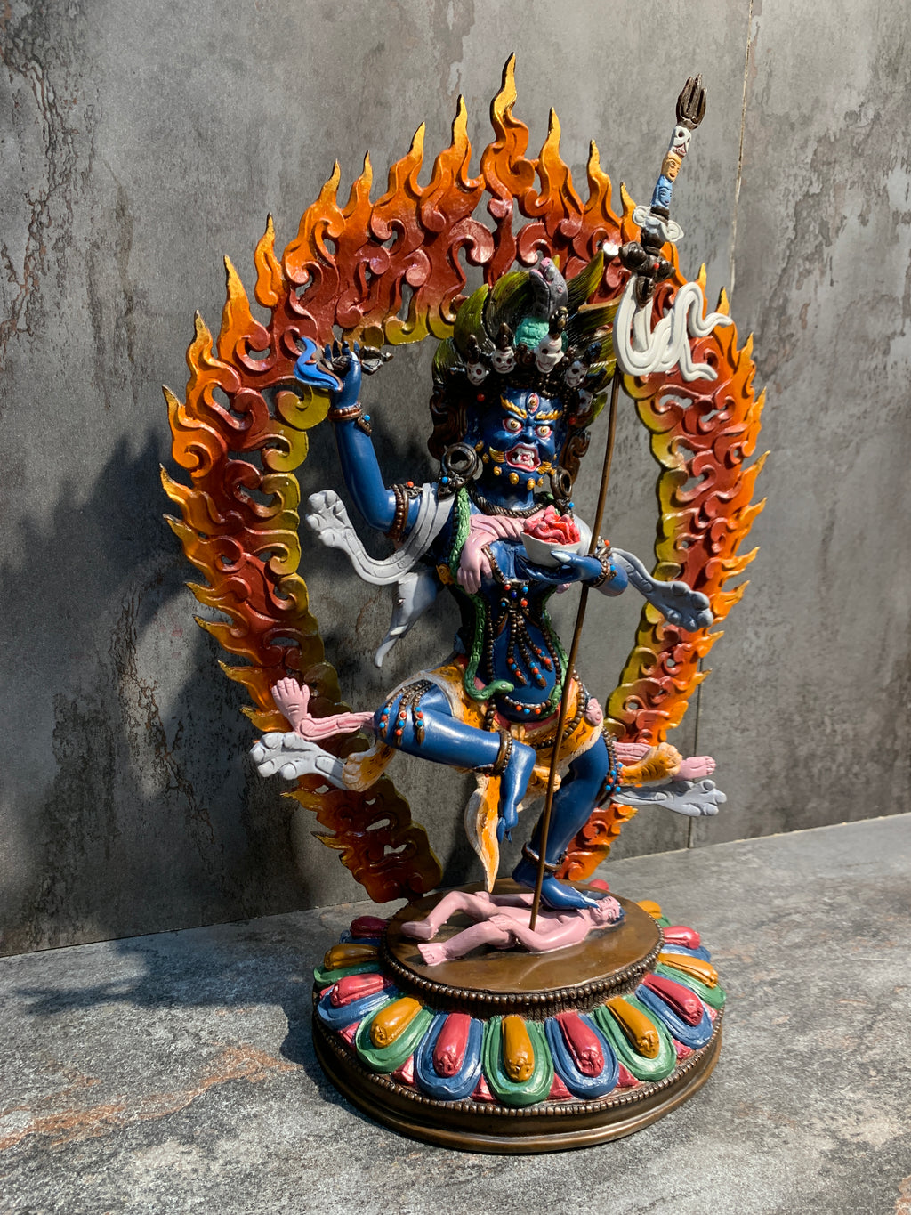 Hand crafted Krodhikali statue made of copper. colorful troma nagmo.