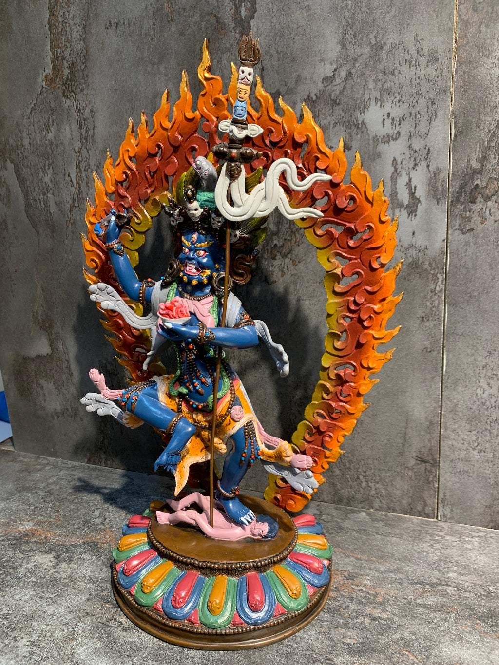 Hand crafted Krodhikali statue made of copper. colorful troma nagmo.
