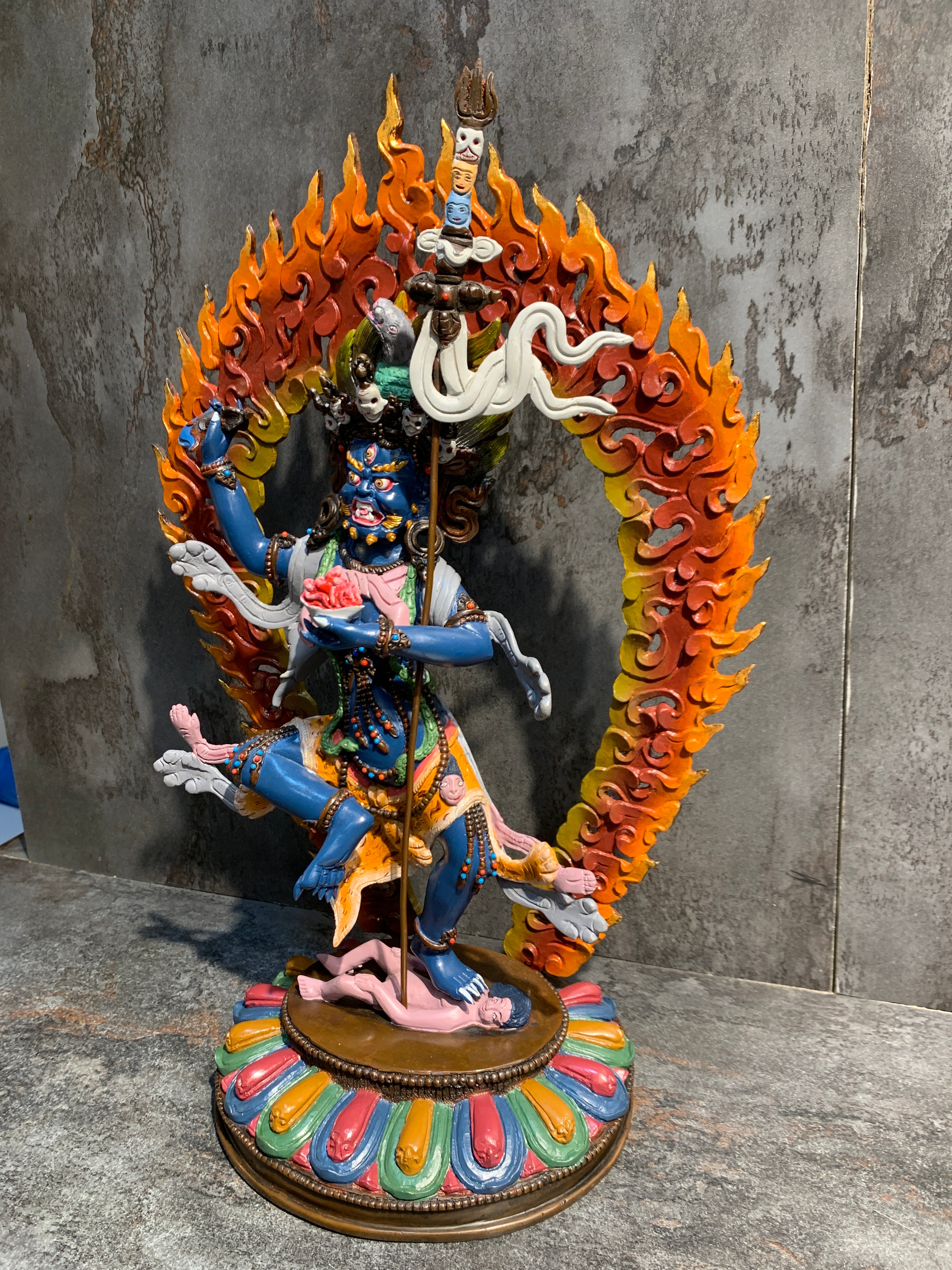 Hand crafted Krodhikali statue made of copper. colorful troma nagmo.