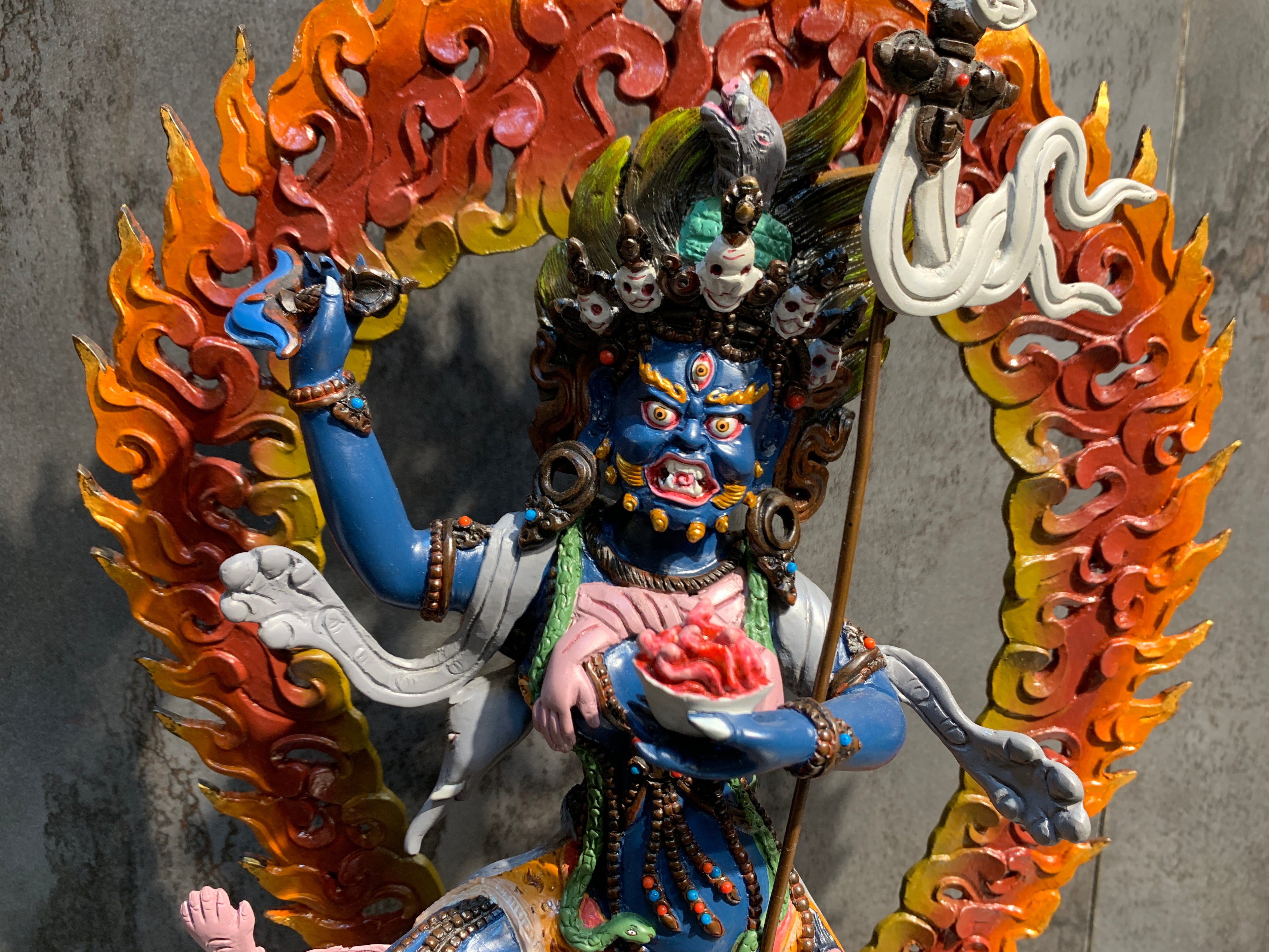 Hand crafted Krodhikali statue made of copper. colorful troma nagmo.