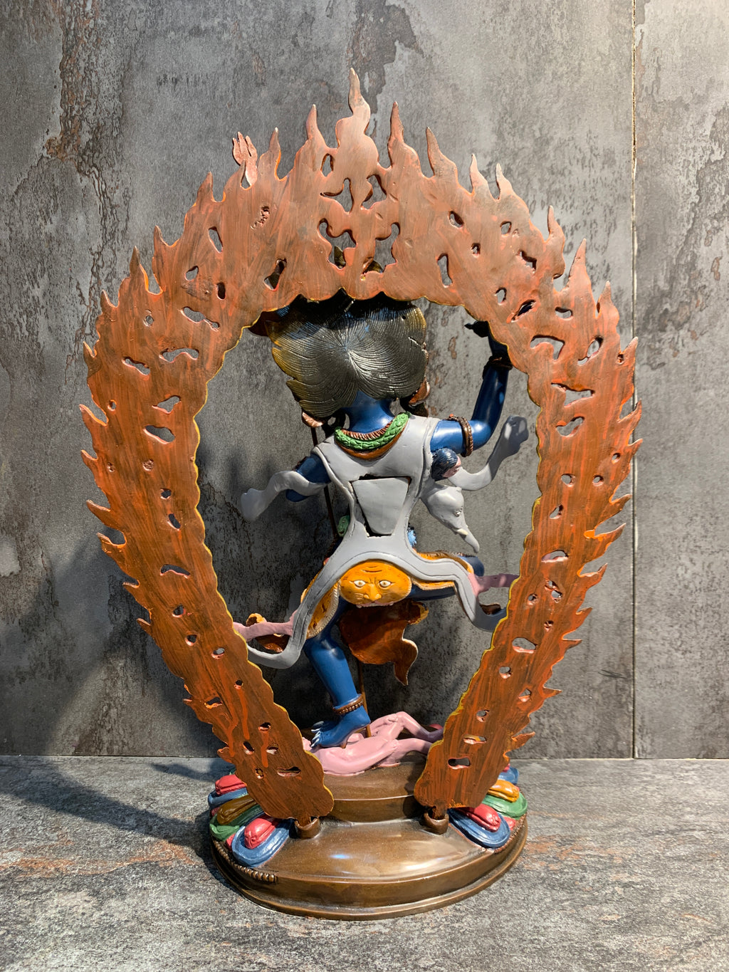 Hand crafted Krodhikali statue made of copper. colorful troma nagmo.