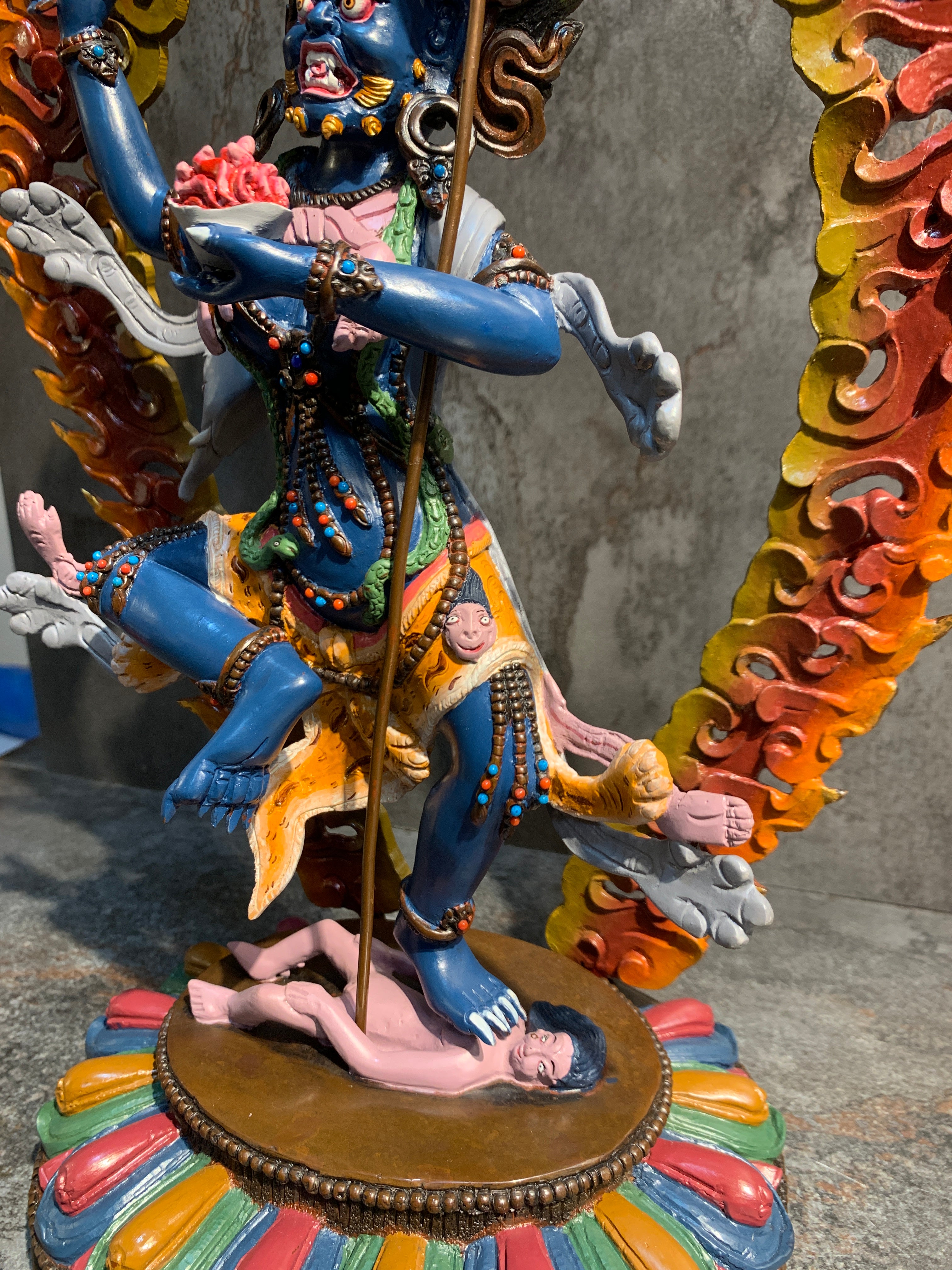 Hand crafted Krodhikali statue made of copper. colorful troma nagmo.