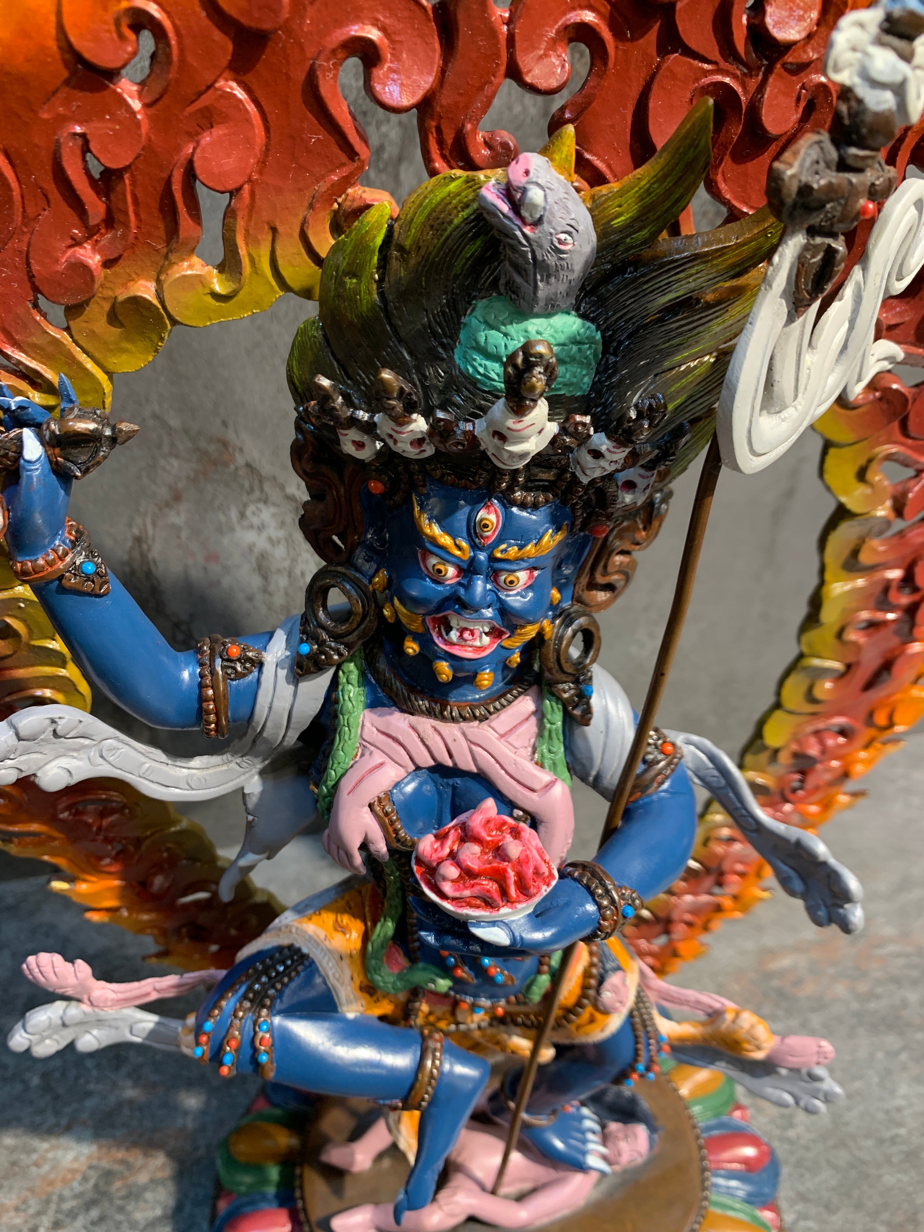 Hand crafted Krodhikali statue made of copper. colorful troma nagmo.