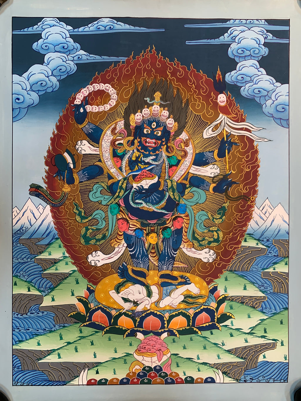 Genuine 6 armed mahakala of sangpa kagyu tradition. gompo chyagdrugpa. hand painted.