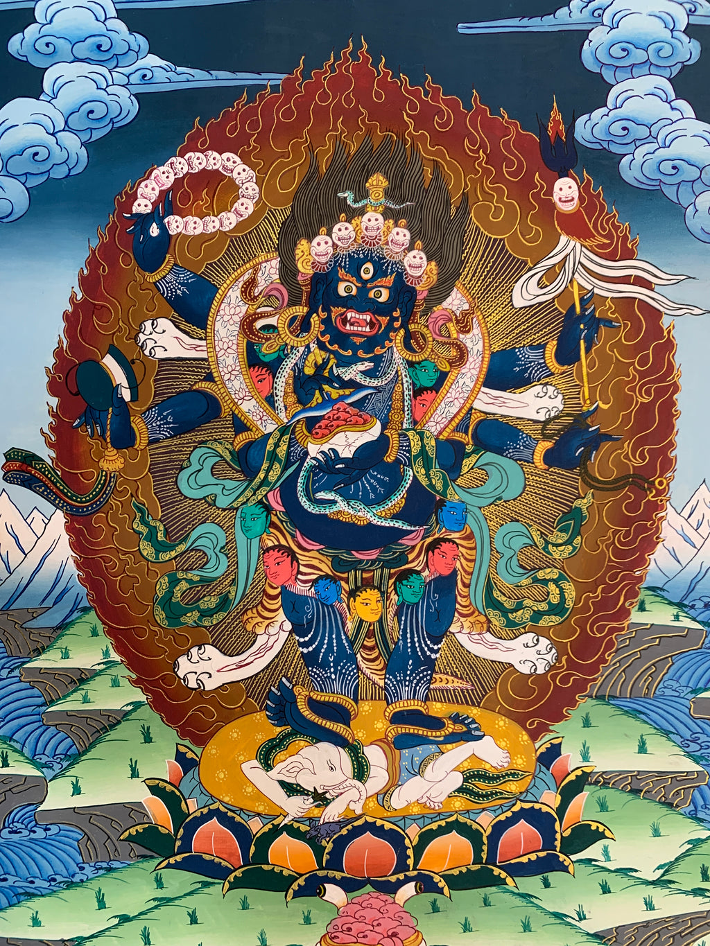 Original Six armed mahakala thangka painting. hand painted sangpa kagyu gompo chyag drugpa.