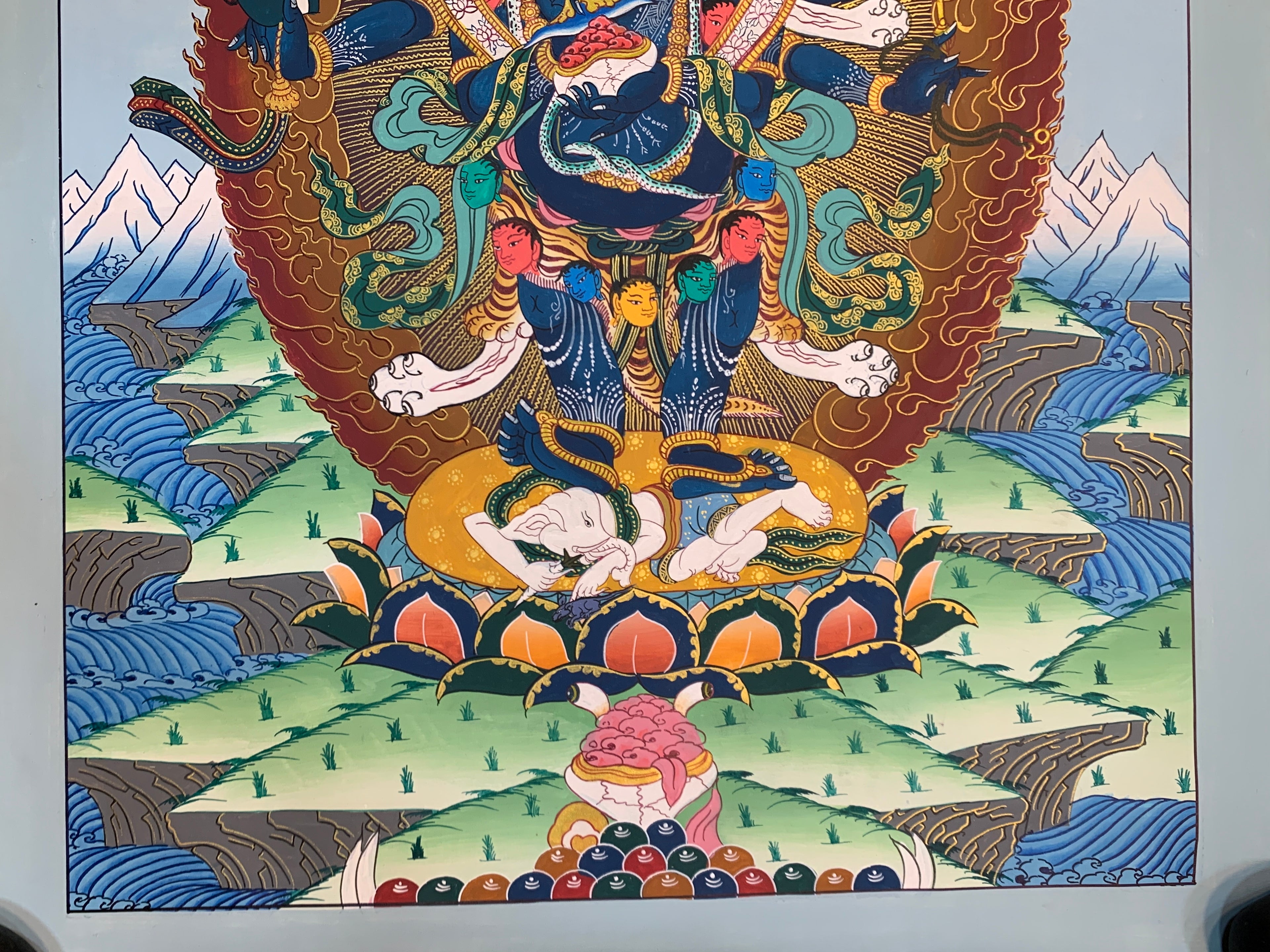 Original Six armed mahakala thangka painting. hand painted sangpa kagyu gompo chyag drugpa.