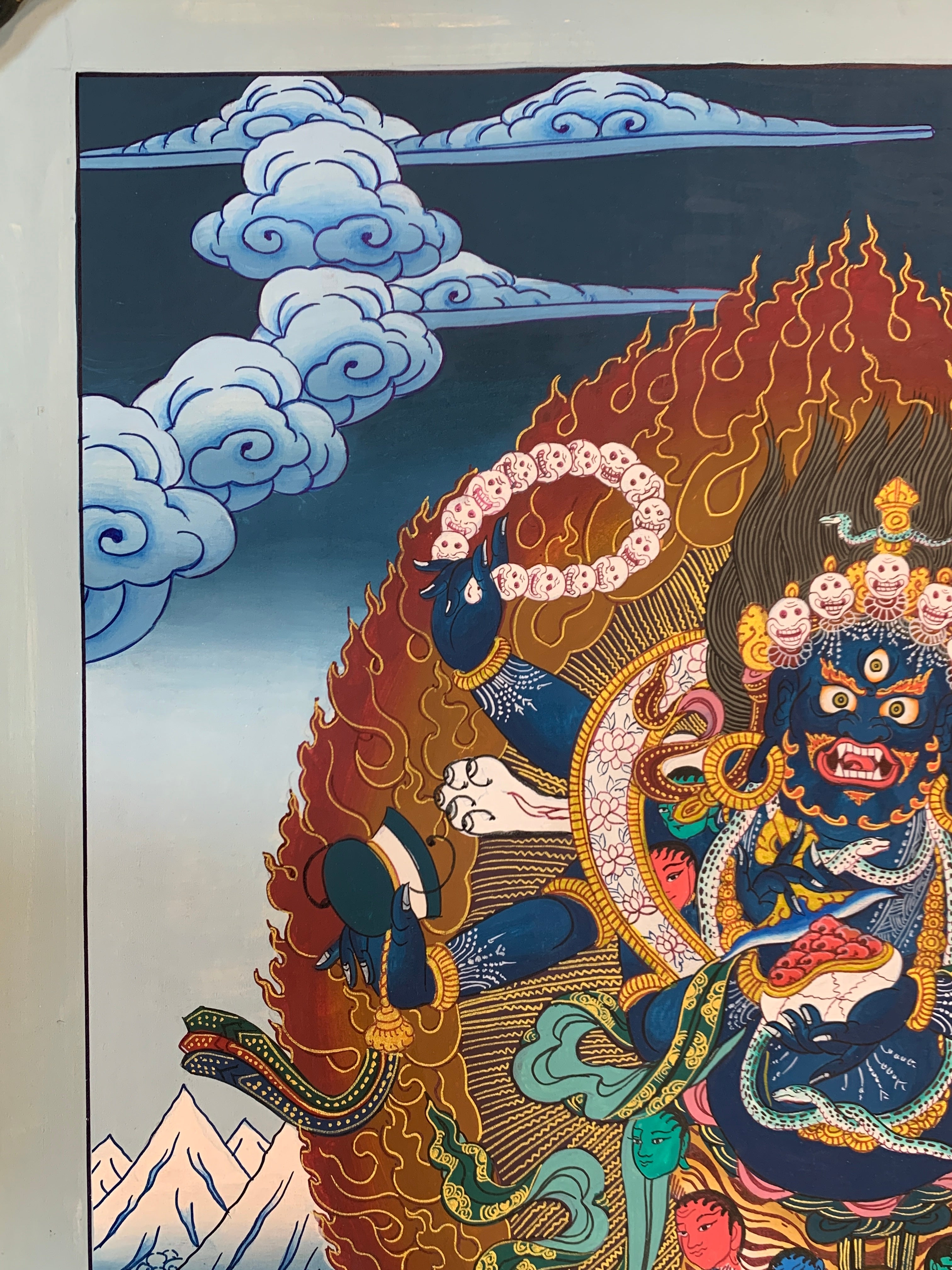 Original Six armed mahakala thangka painting. hand painted sangpa kagyu gompo chyag drugpa.