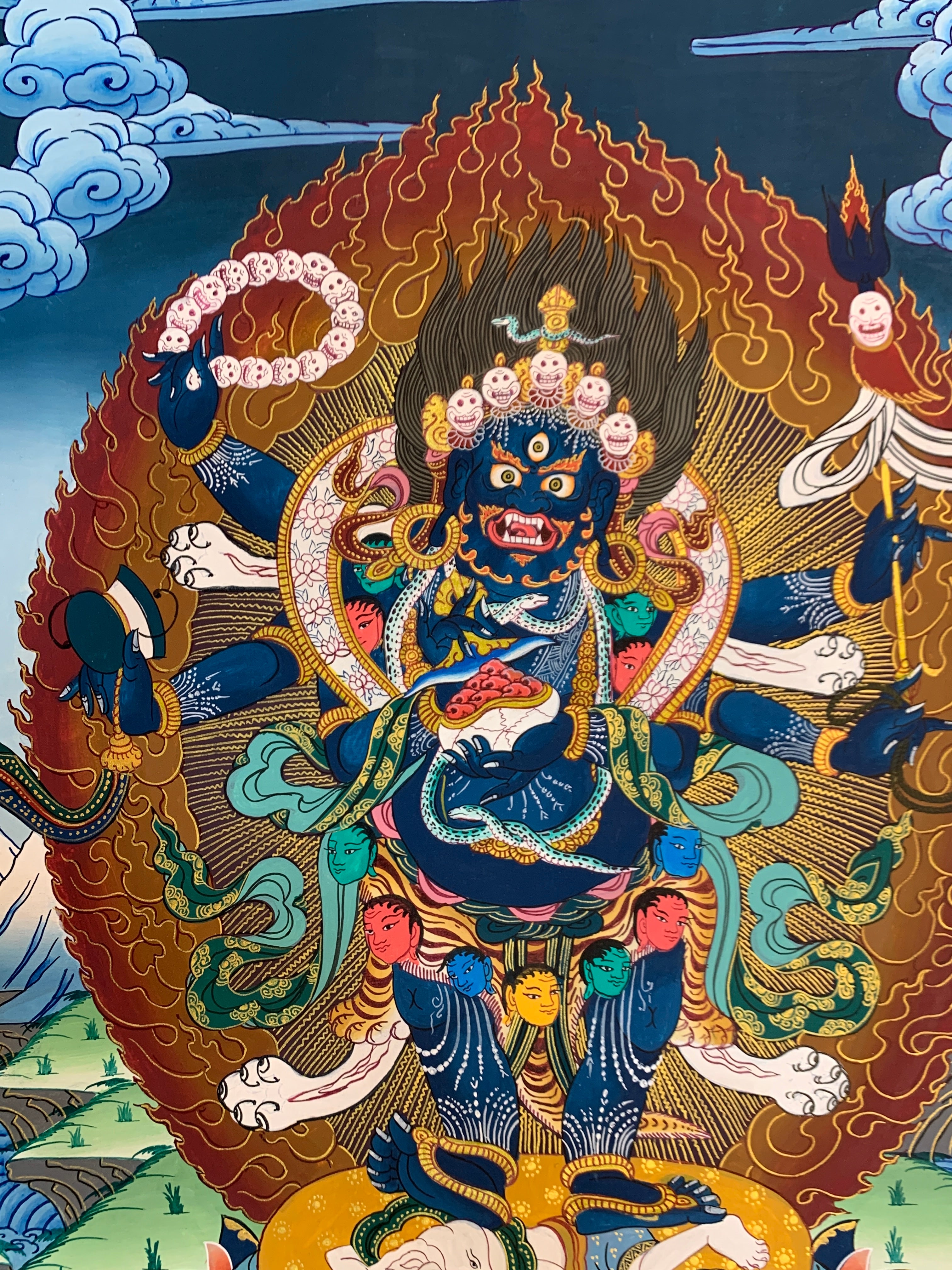 Genuine 6 armed mahakala of sangpa kagyu tradition. gompo chyagdrugpa. hand painted.