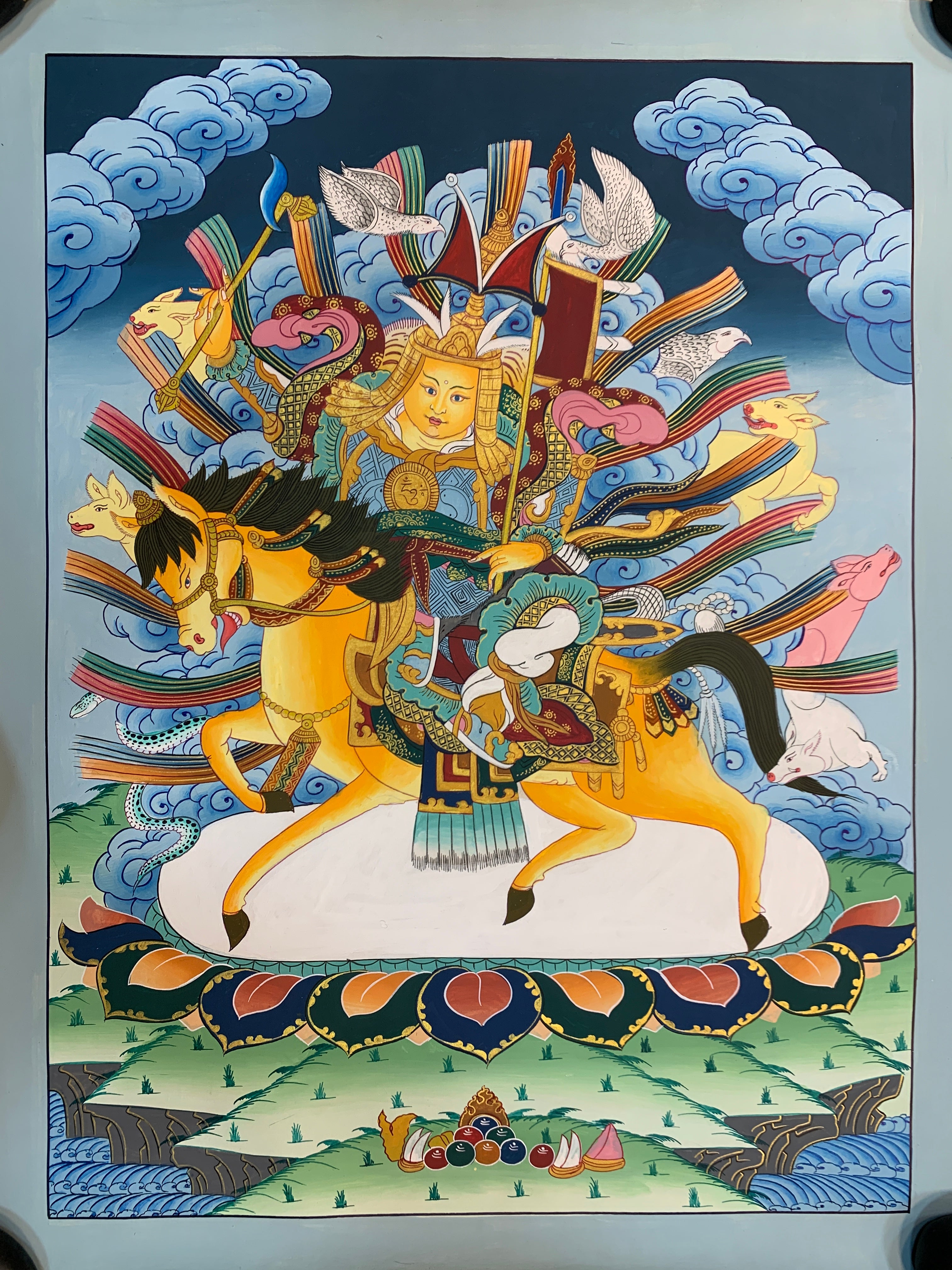 Hand painted Geshar Gyapo Thangka painting. Dharma protector Ling Geshar .