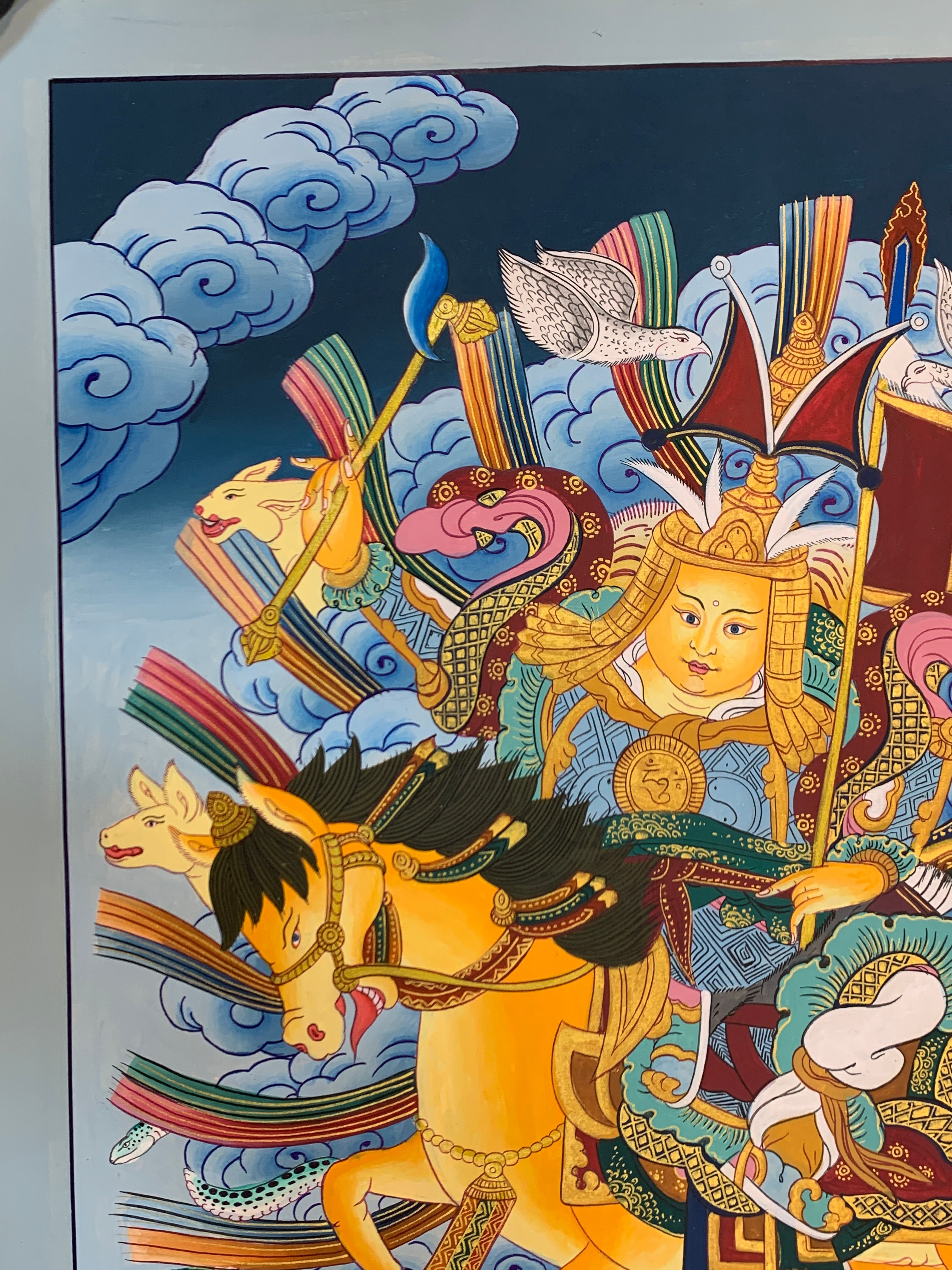 Hand painted Geshar Gyapo Thangka painting. Dharma protector Ling Geshar .