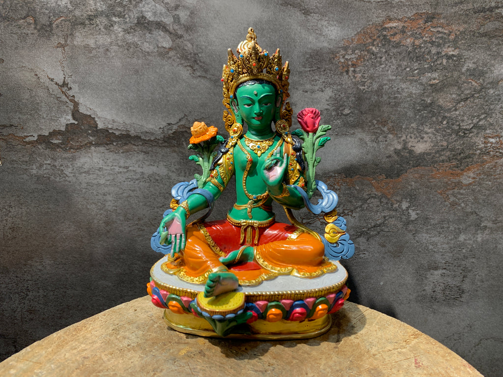 Hand carved copper green tara statue. Dolma statue for shrine.