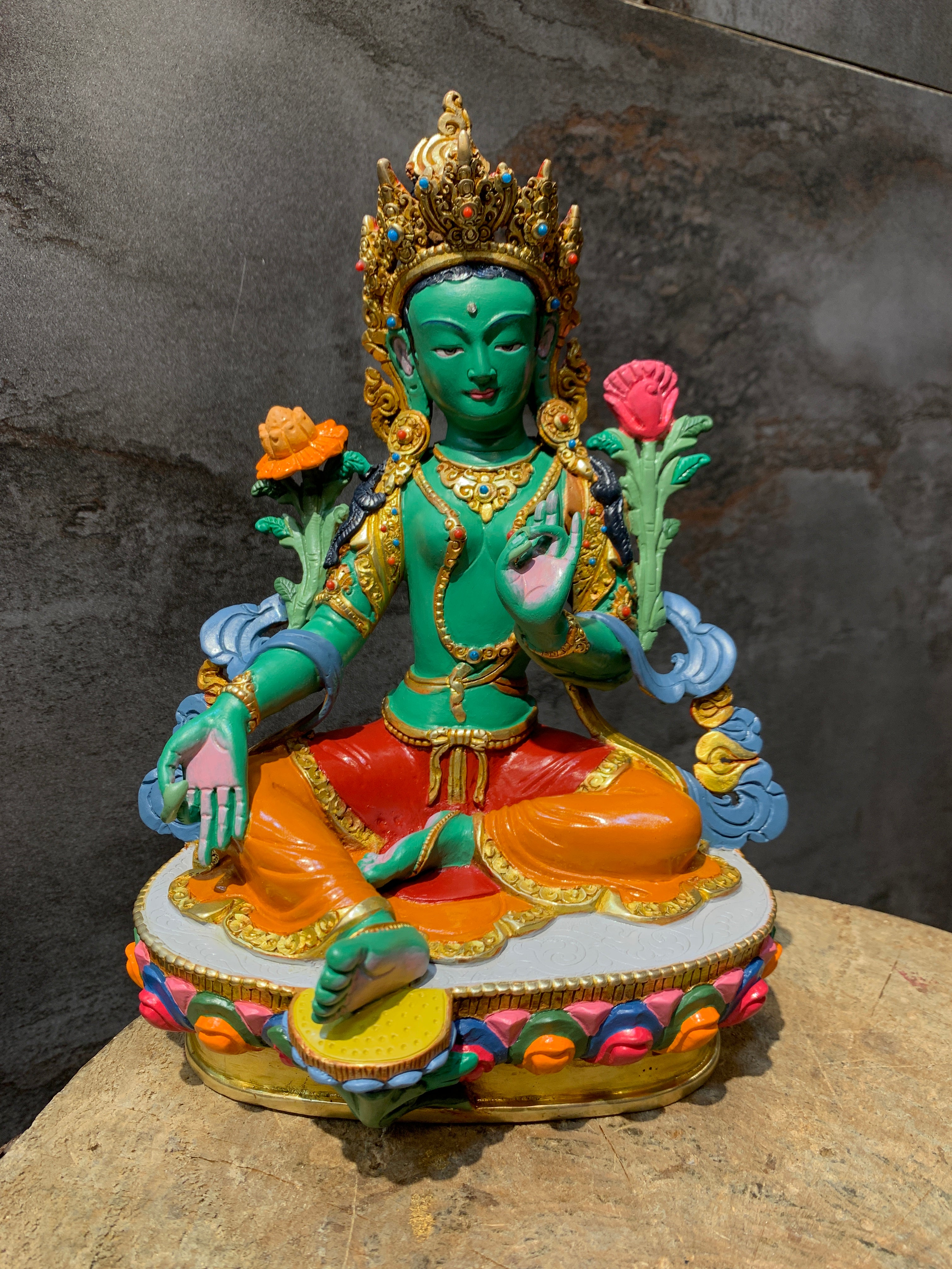 Hand carved copper green tara statue. Dolma statue for shrine.