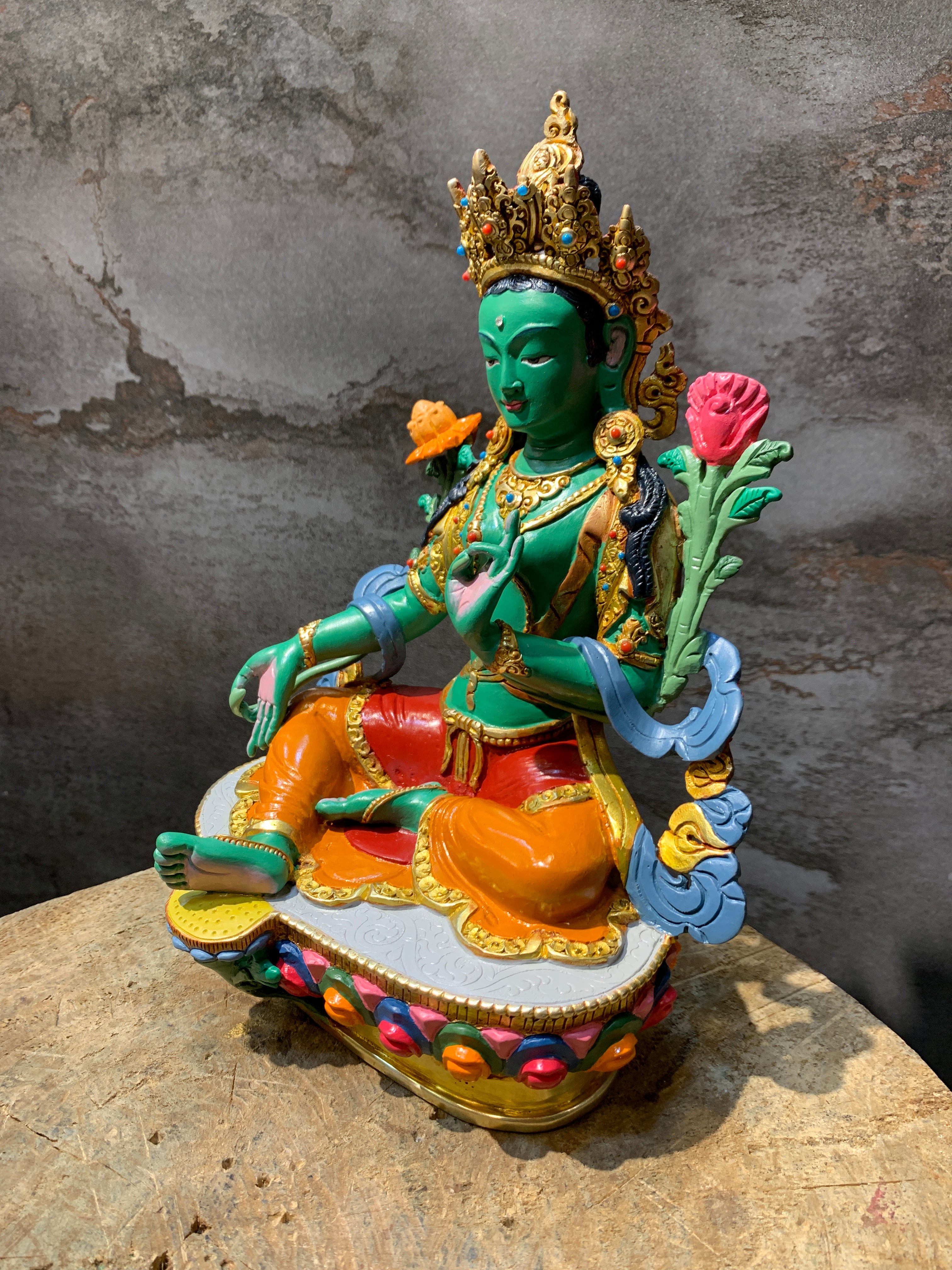 Hand carved copper green tara statue. Dolma statue for shrine.
