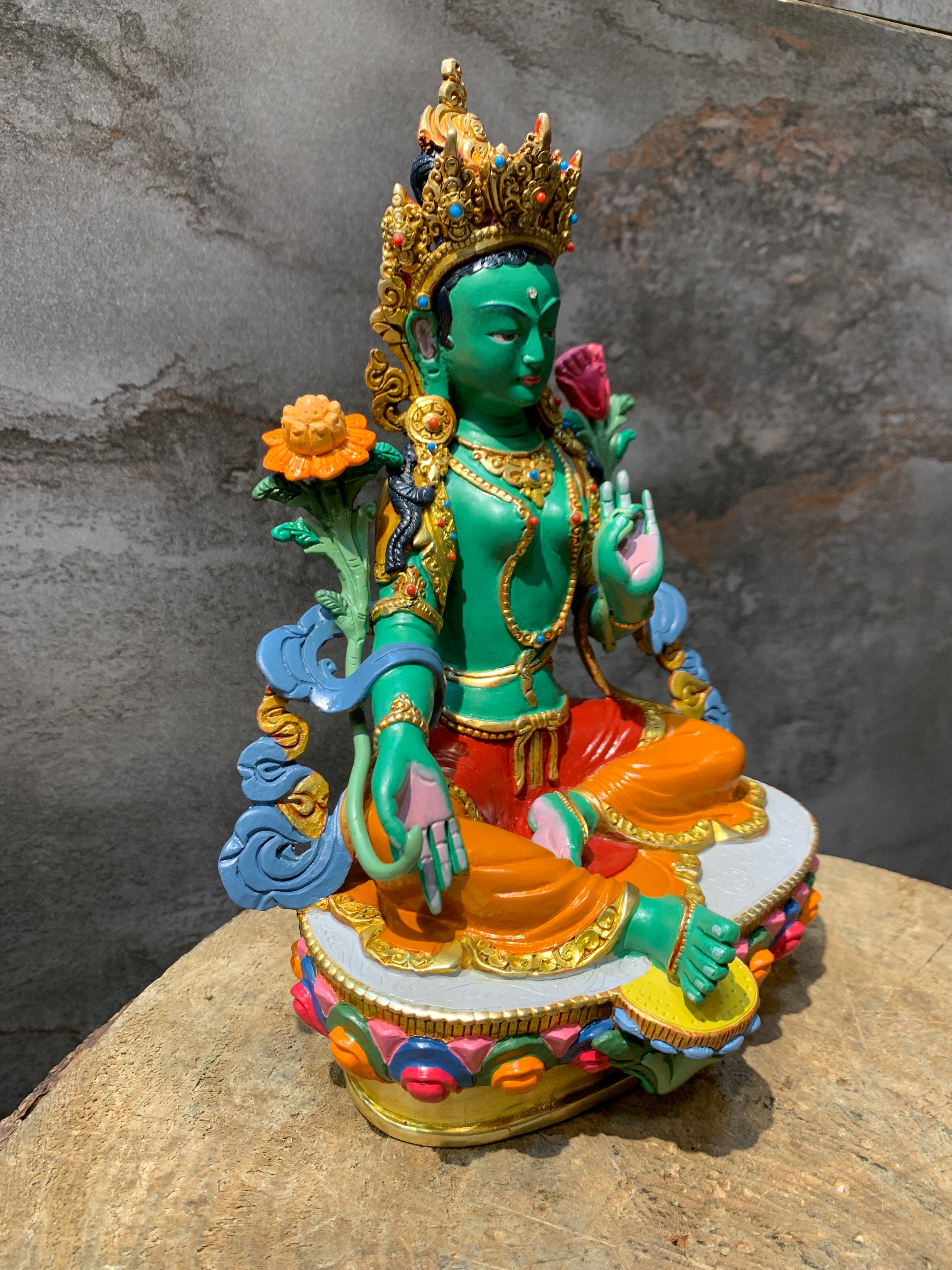 Hand carved copper green tara statue. Dolma statue for shrine.