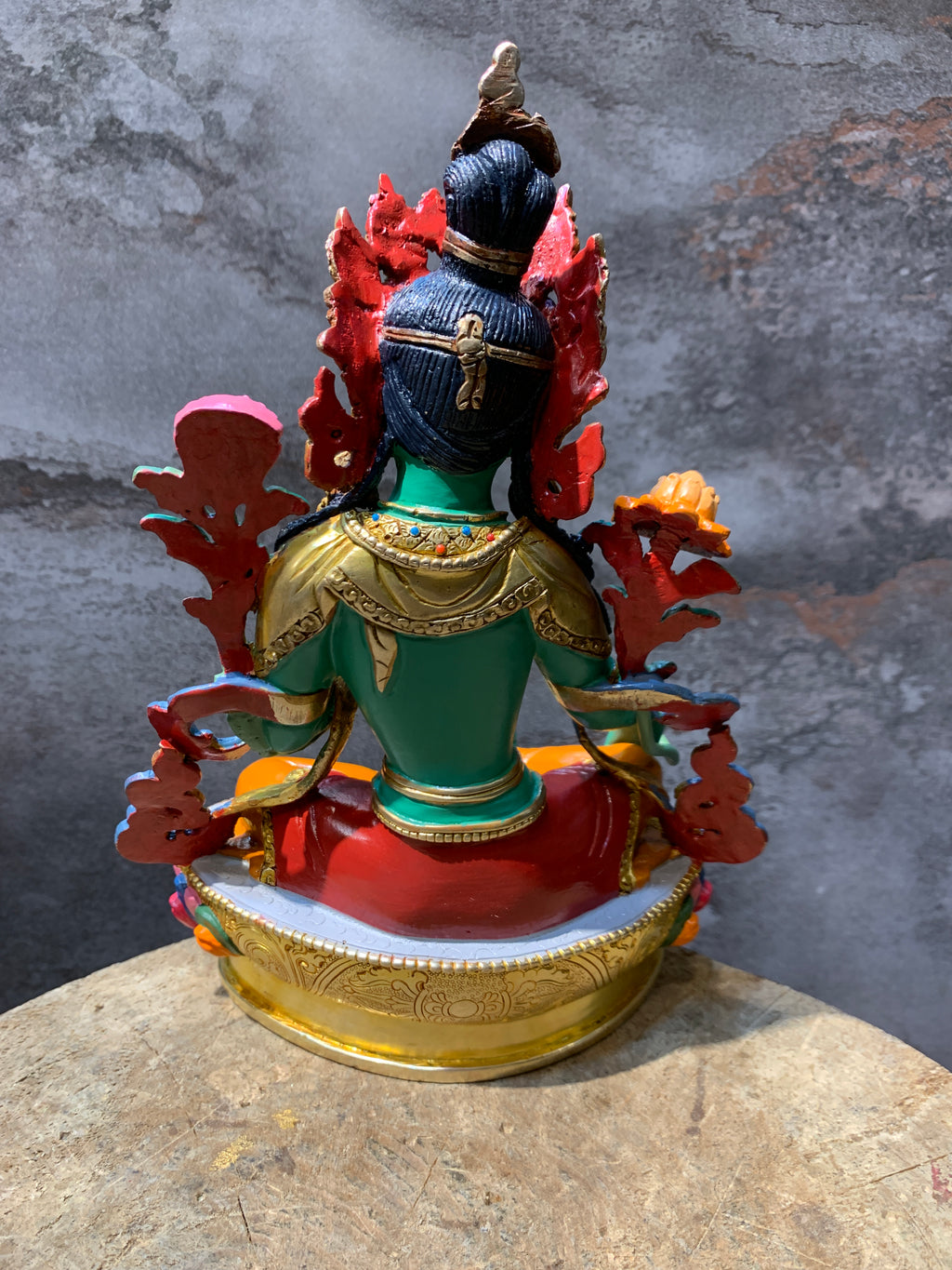 Hand carved copper green tara statue. Dolma statue for shrine.