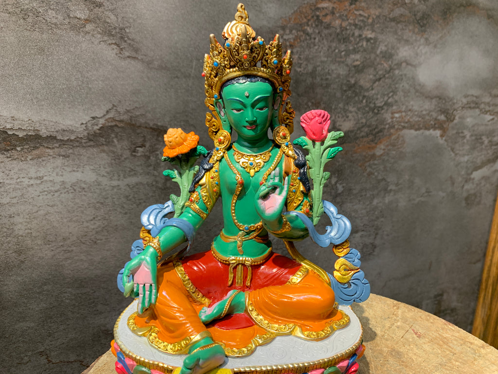 Hand carved copper green tara statue. Dolma statue for shrine.