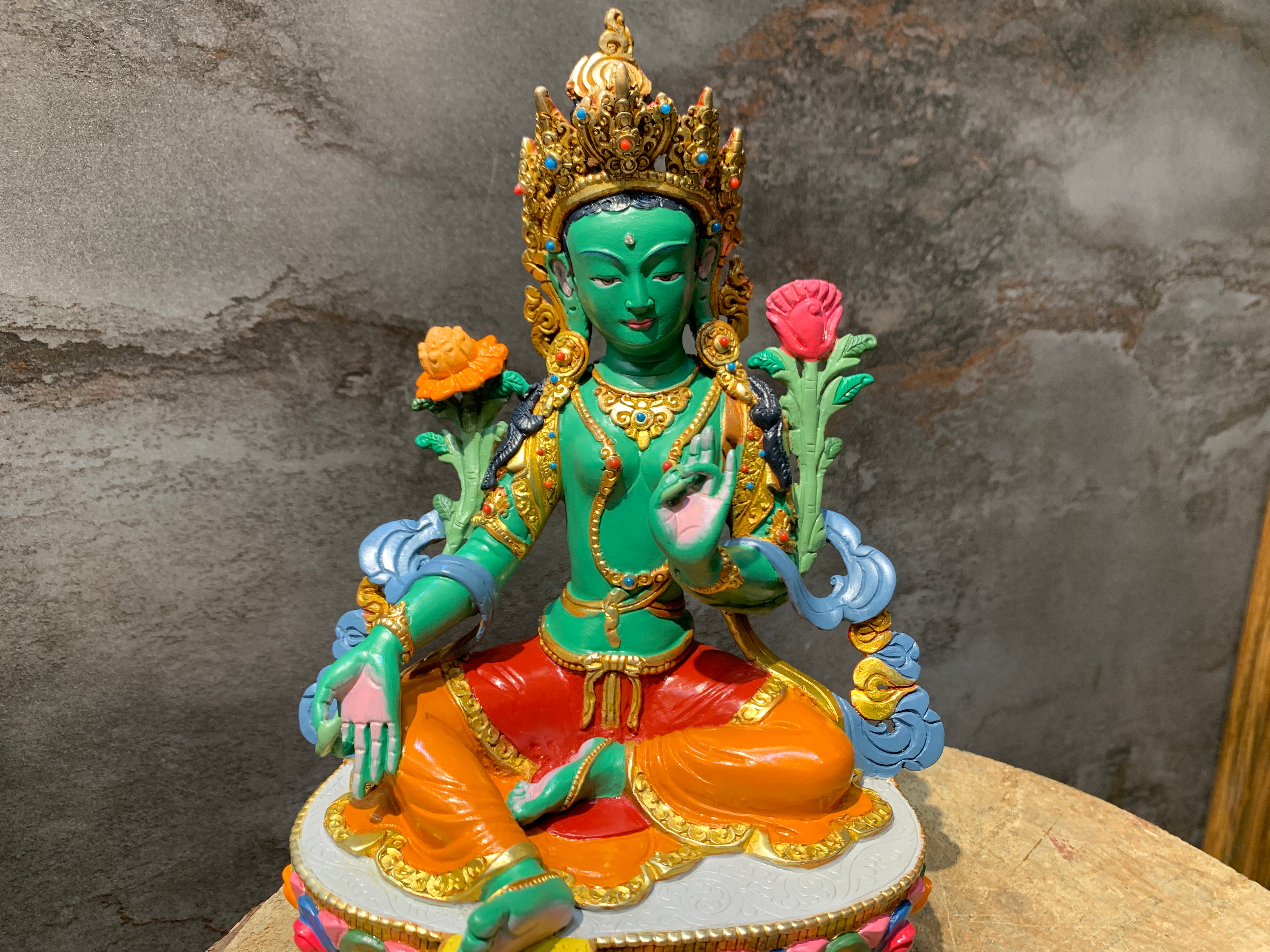 Hand carved copper green tara statue. Dolma statue for shrine.