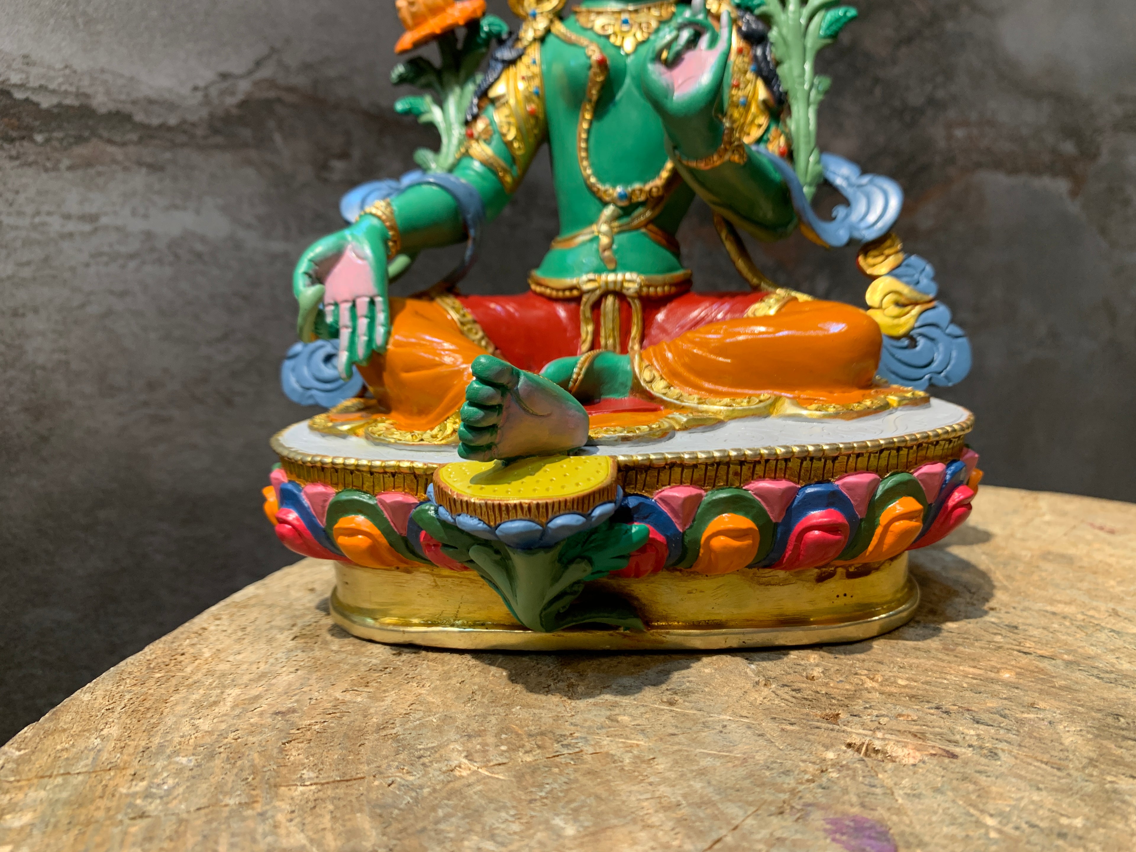 Hand carved copper green tara statue. Dolma statue for shrine.