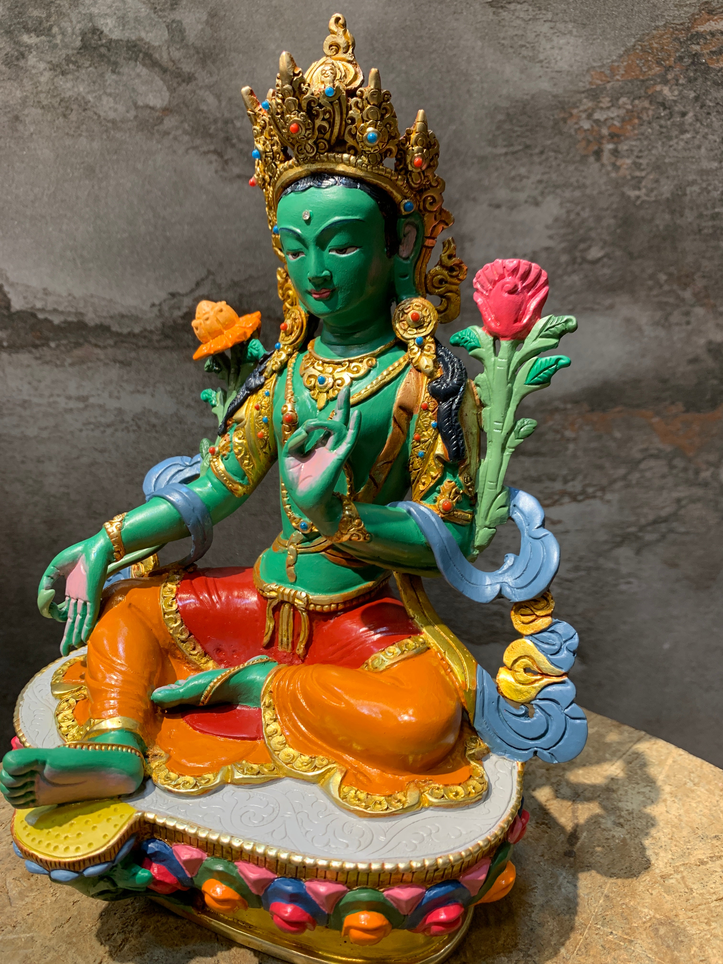 Hand carved copper green tara statue. Dolma statue for shrine.