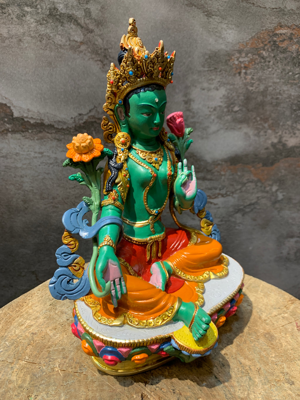 Hand carved copper green tara statue. Dolma statue for shrine.
