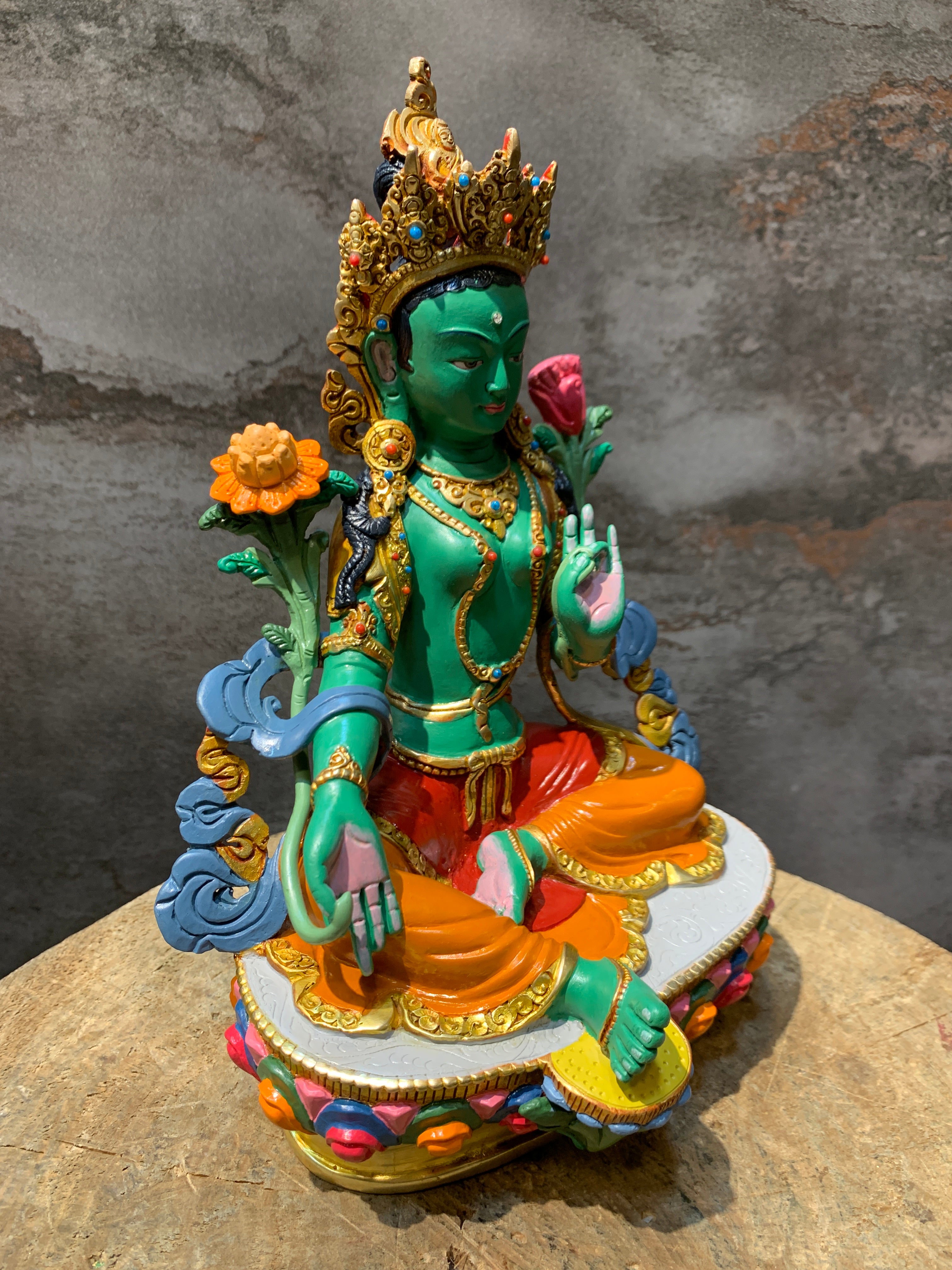 Hand carved copper green tara statue. Dolma statue for shrine.