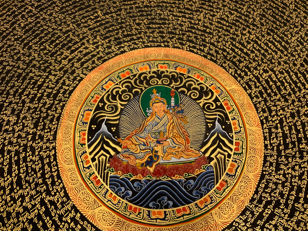Hand painted large size Guru rinpoche mantra mandala. Guru padmasambhava prayer cycle.