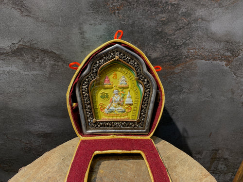 3 Longlife buddha tsatsa with ghau box. White tara, amitayus and namgyalma. Tselha namsum. Iron ghau box.