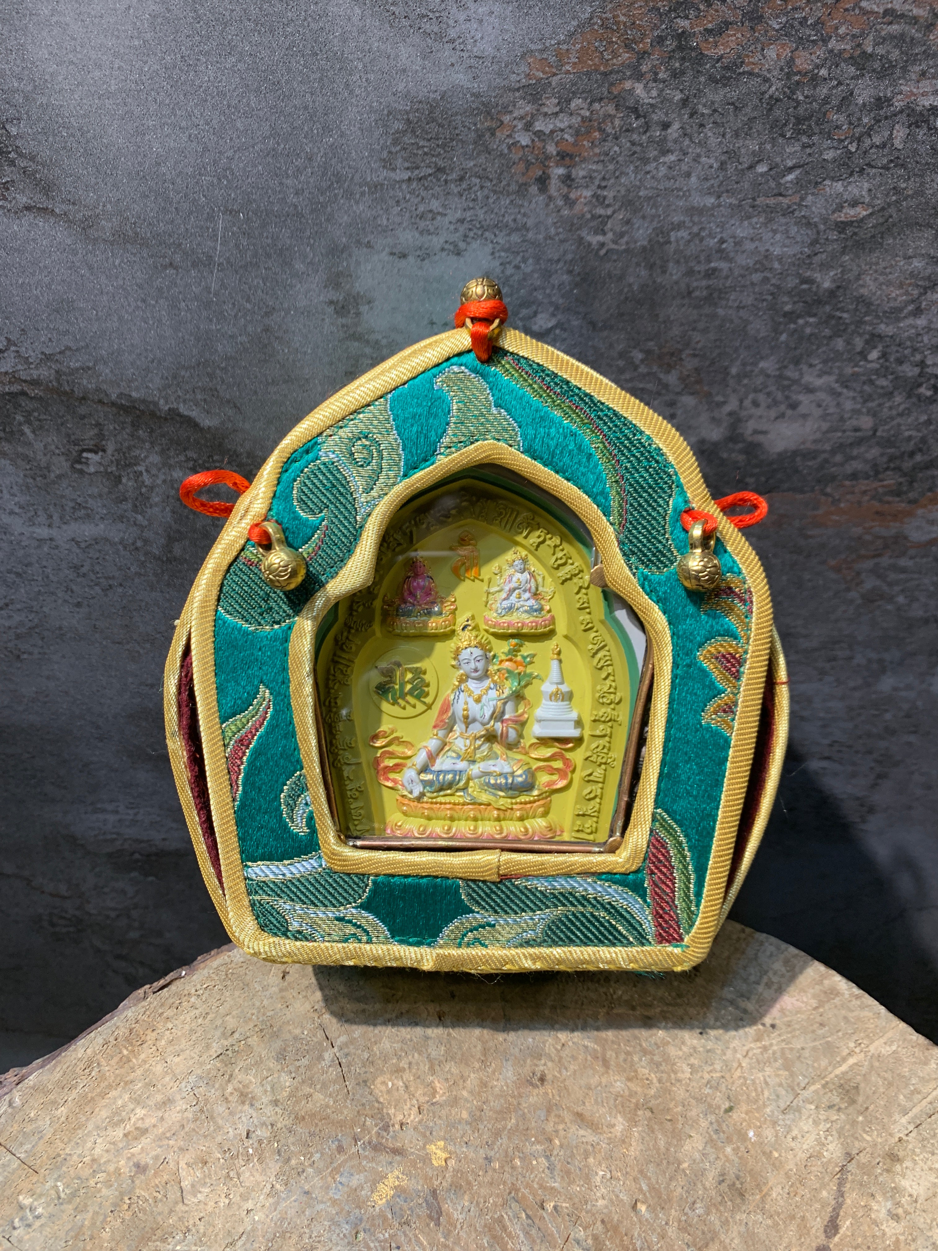 3 Longlife buddha tsatsa with ghau box. White tara, amitayus and namgyalma. Tselha namsum. Iron ghau box.