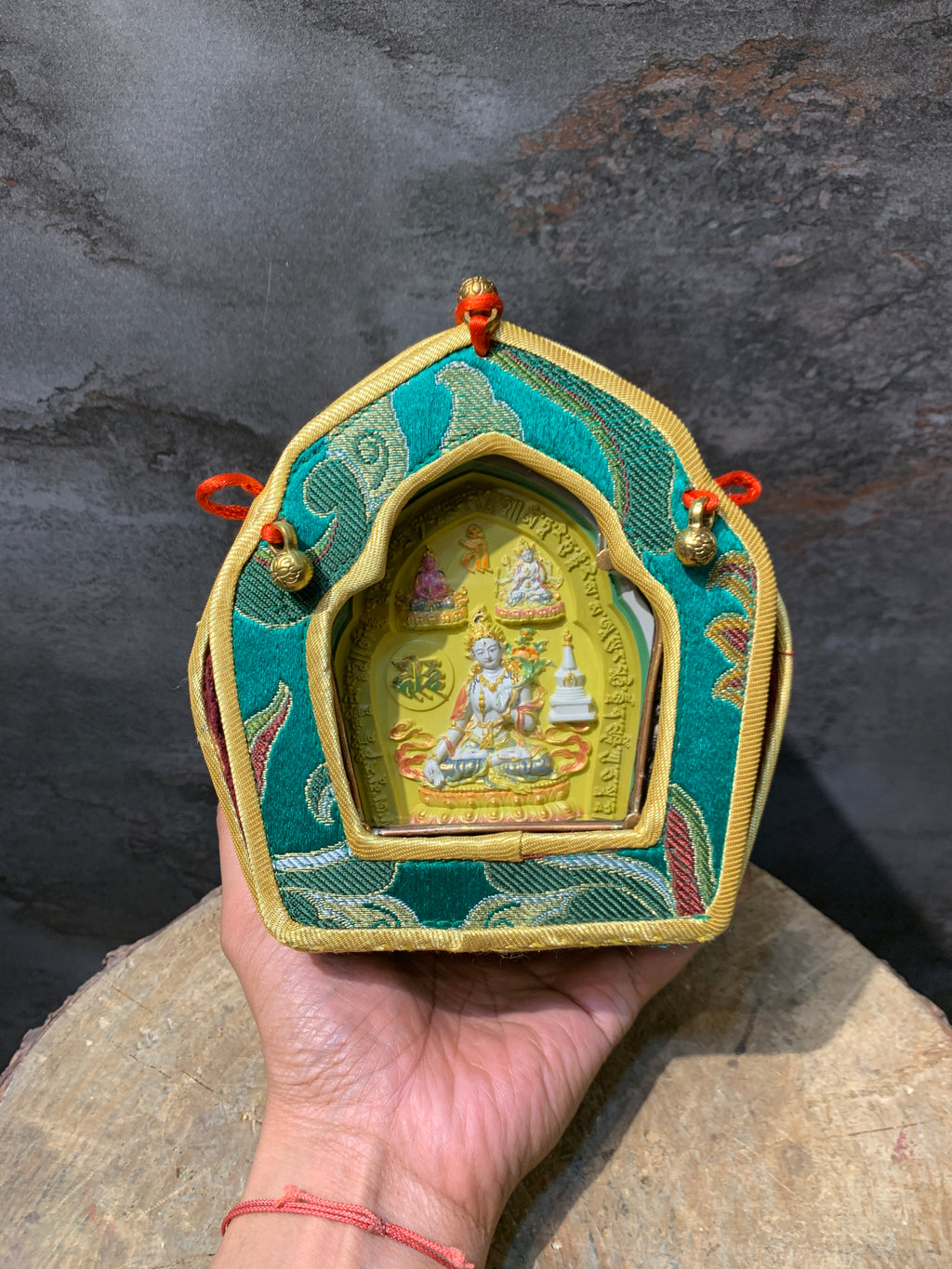 3 Longlife buddha tsatsa with ghau box. White tara, amitayus and namgyalma. Tselha namsum. Iron ghau box.