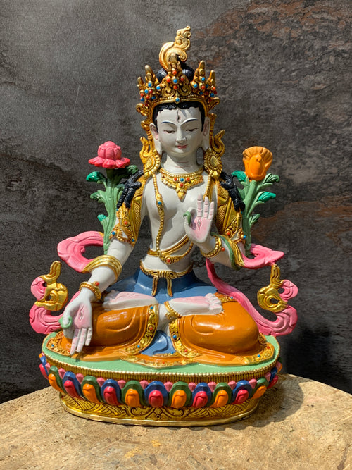 Colorful White Tara statue. hand crafted Dolkar statue made of copper.