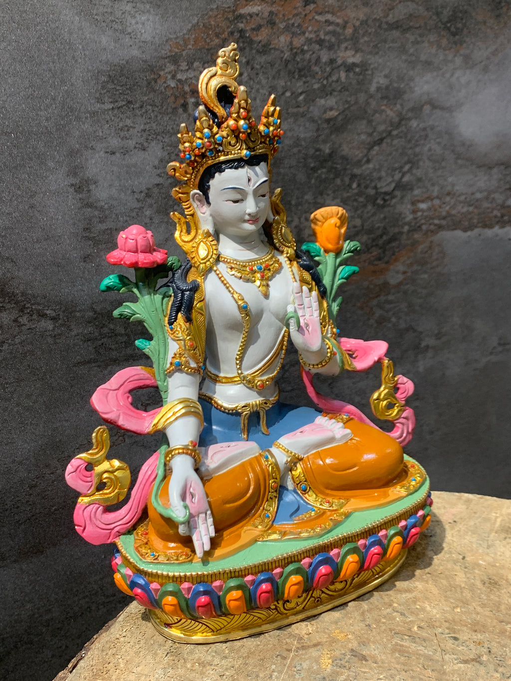 Colorful White Tara statue. hand crafted Dolkar statue made of copper.