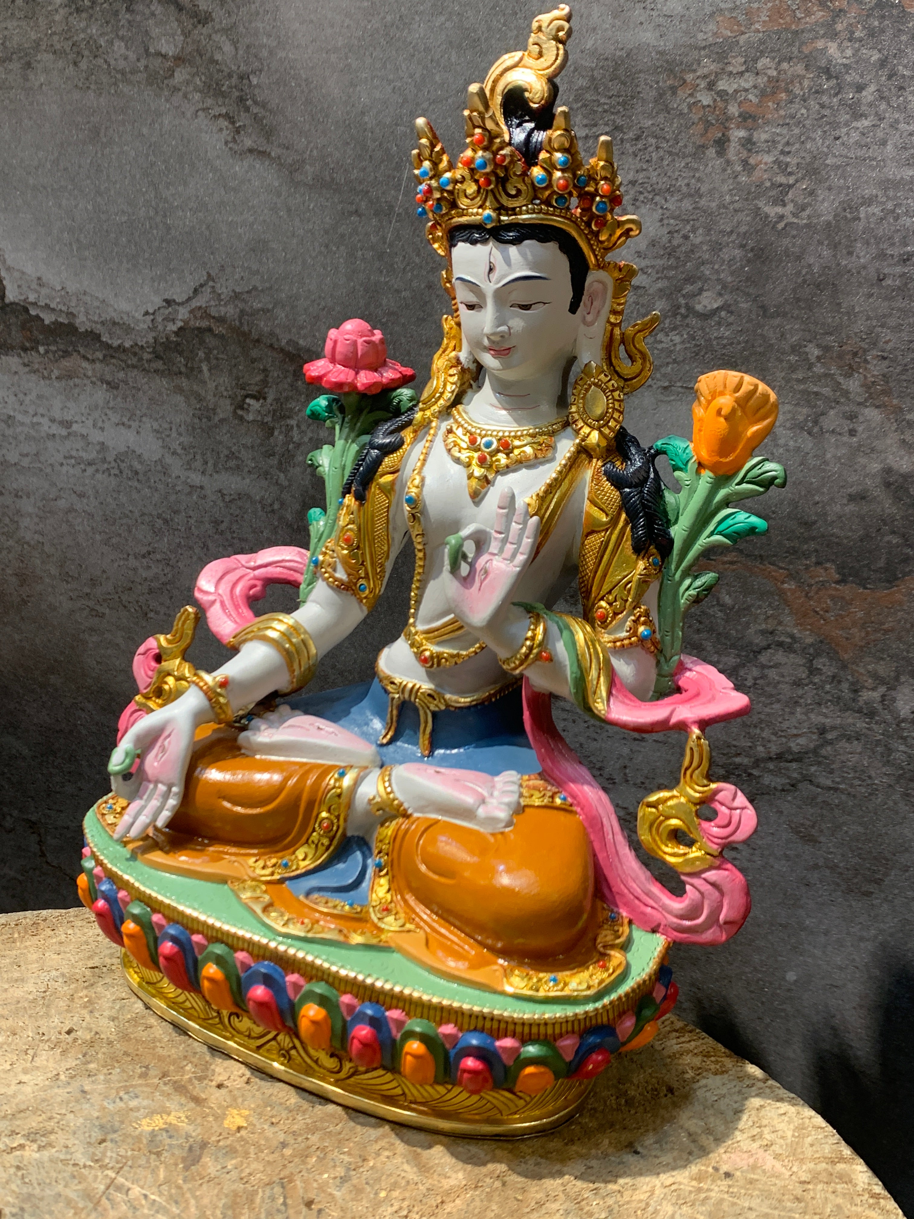 Colorful White Tara statue. hand crafted Dolkar statue made of copper.