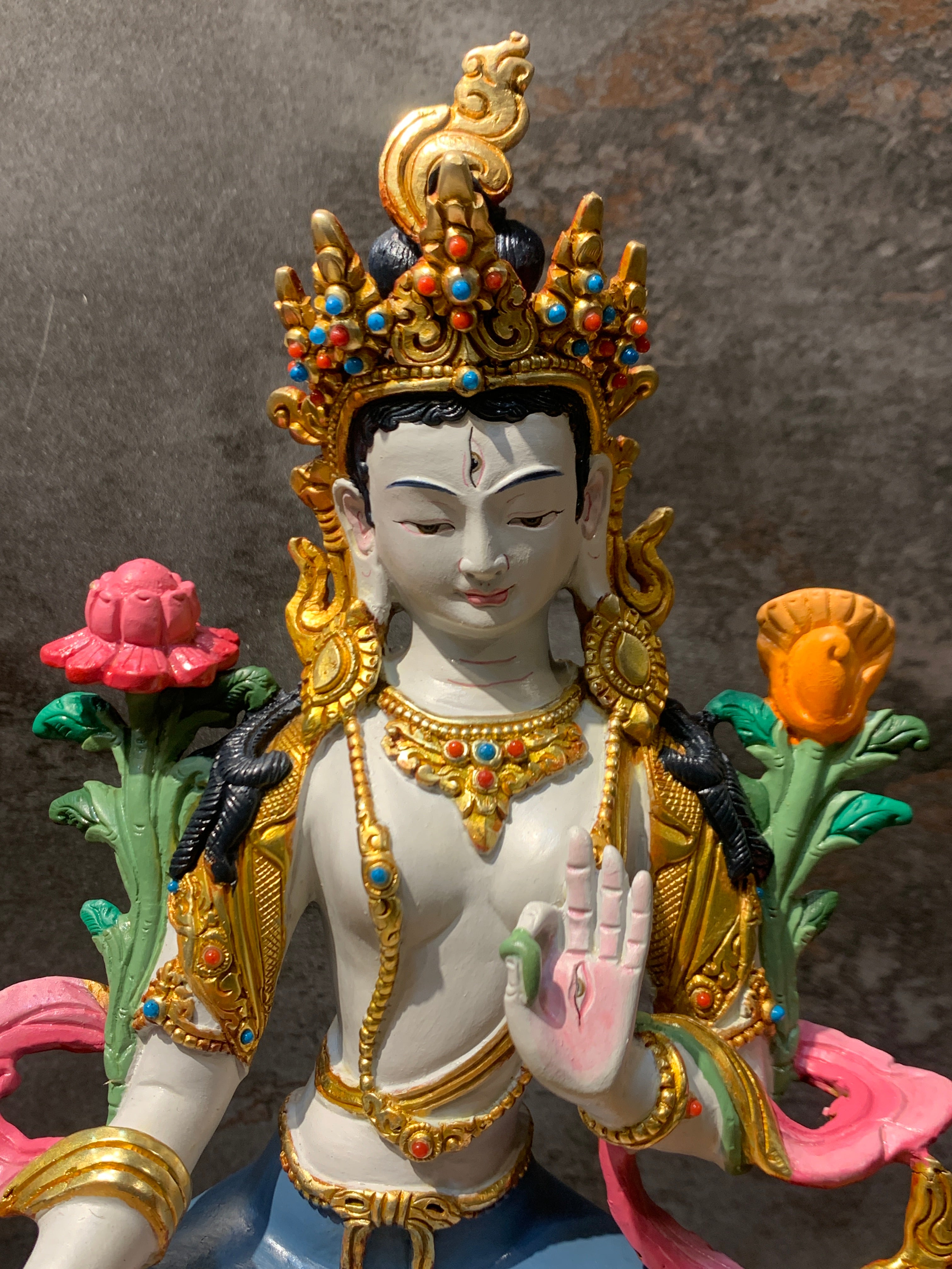 Colorful White Tara statue. hand crafted Dolkar statue made of copper.