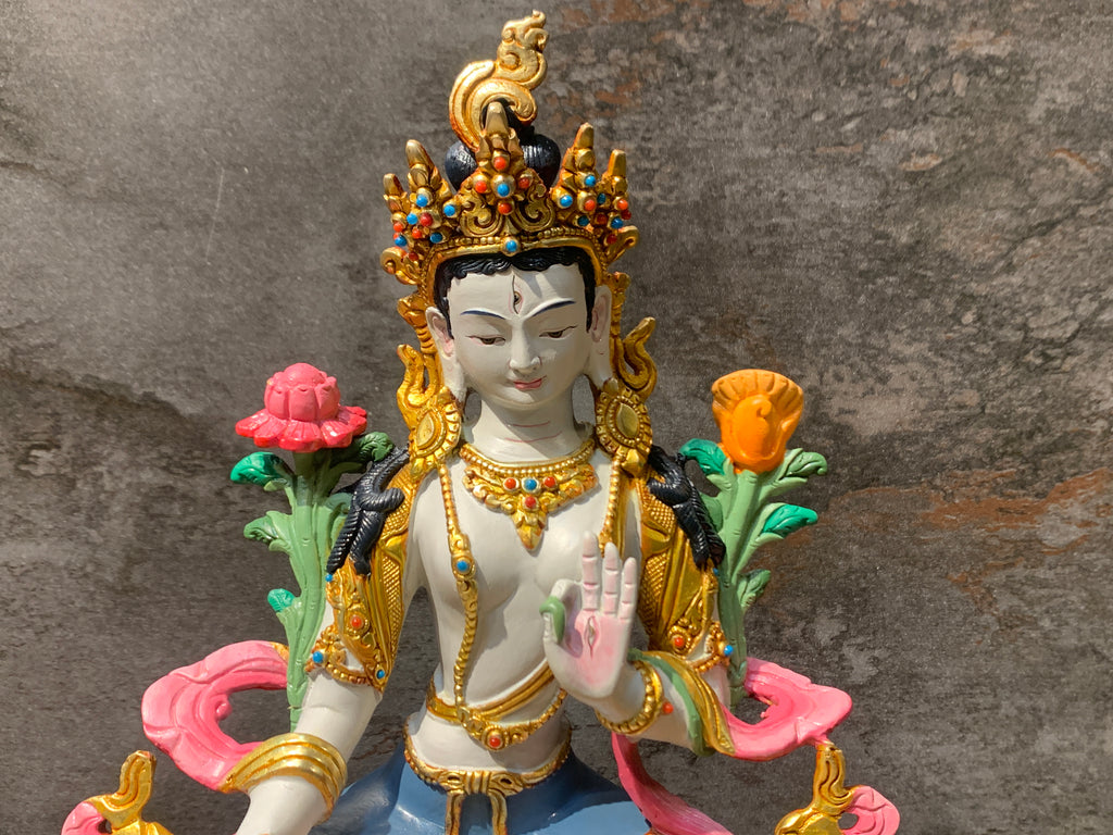 Colorful White Tara statue. hand crafted Dolkar statue made of copper.