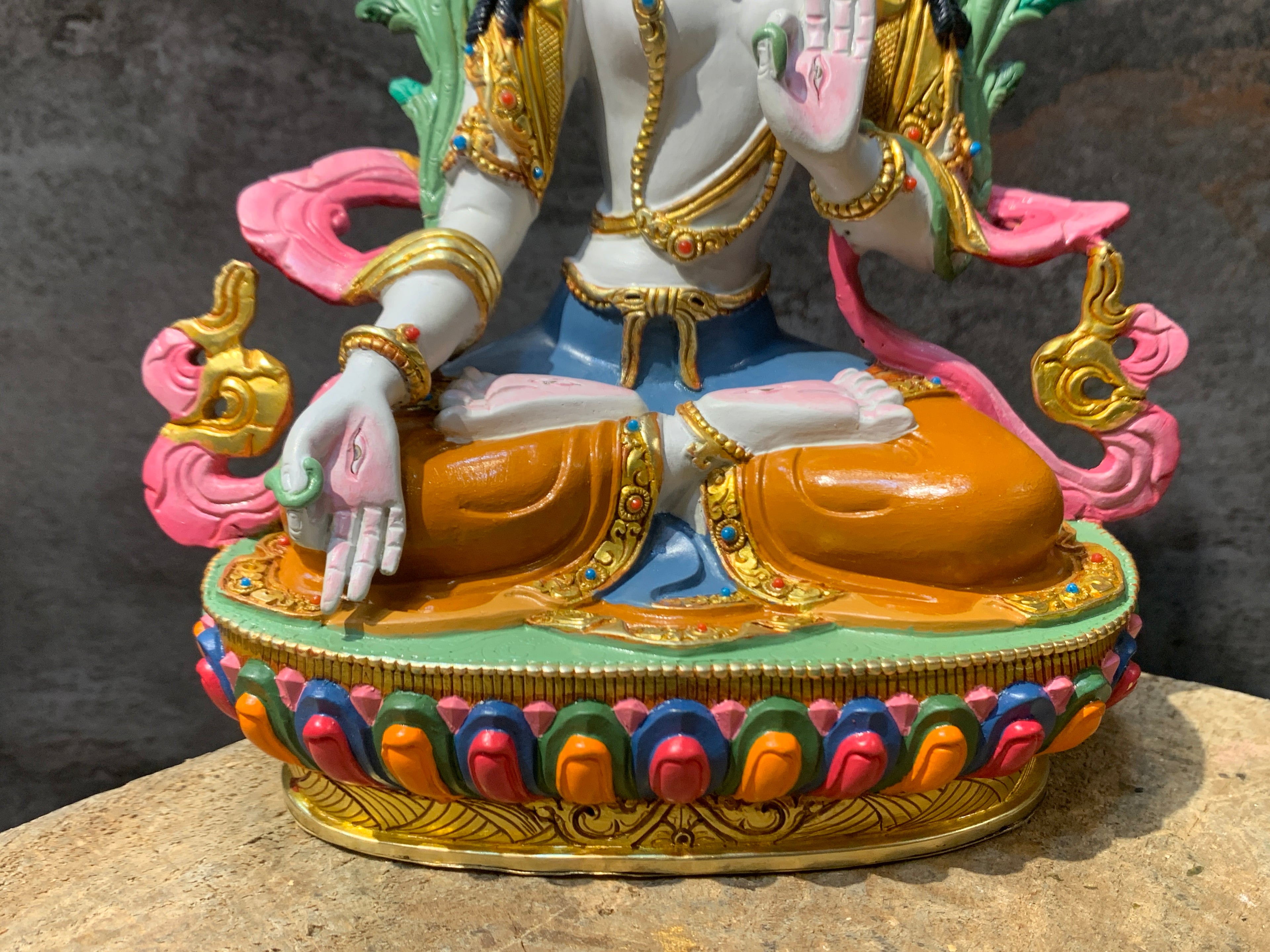 Colorful White Tara statue. hand crafted Dolkar statue made of copper.