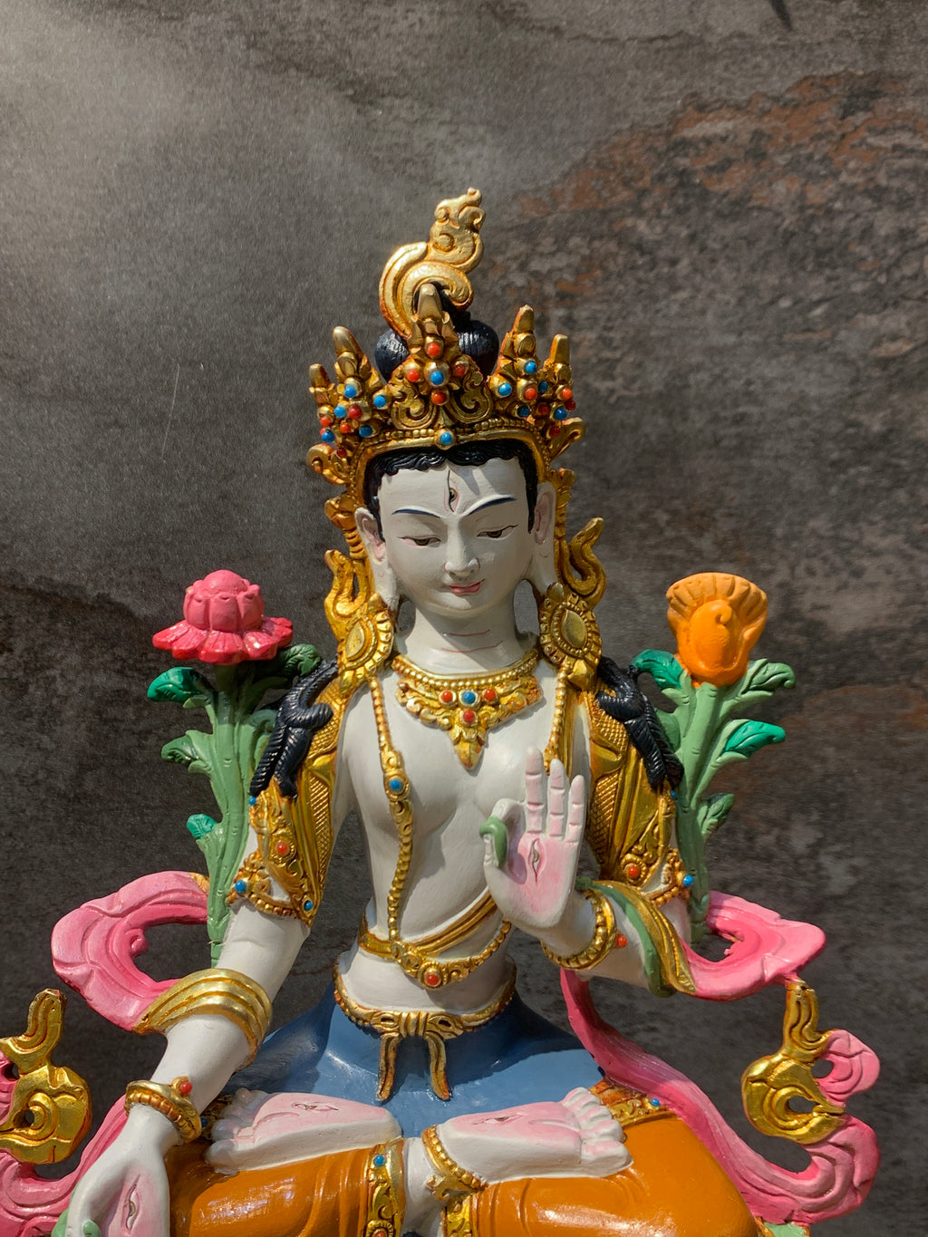 Colorful White Tara statue. hand crafted Dolkar statue made of copper.