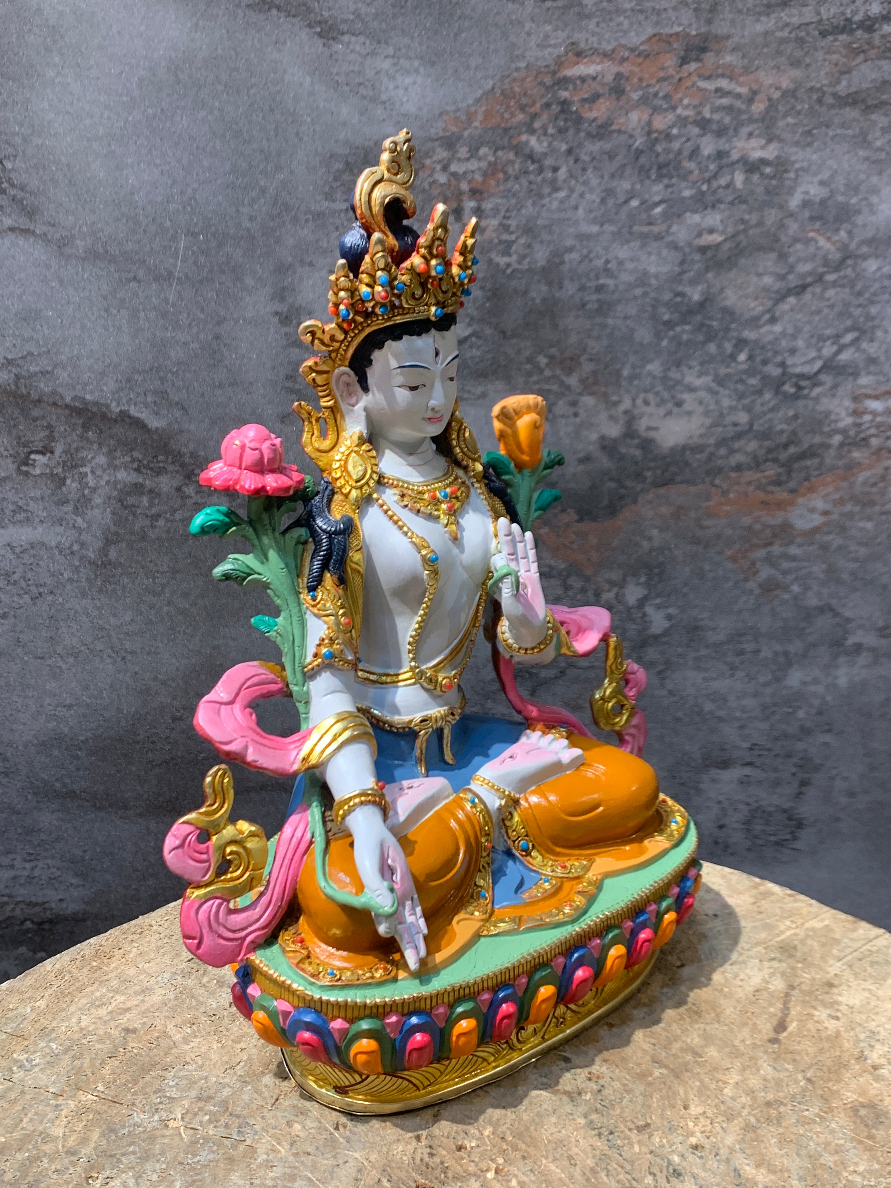 Colorful White Tara statue. hand crafted Dolkar statue made of copper.
