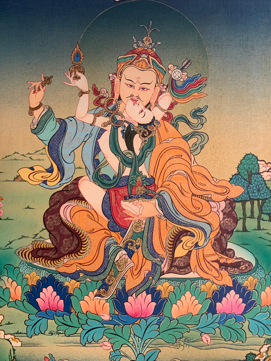 Hand painted Guru rinpoche yabyum thangka. guru padmasambhava in union form.