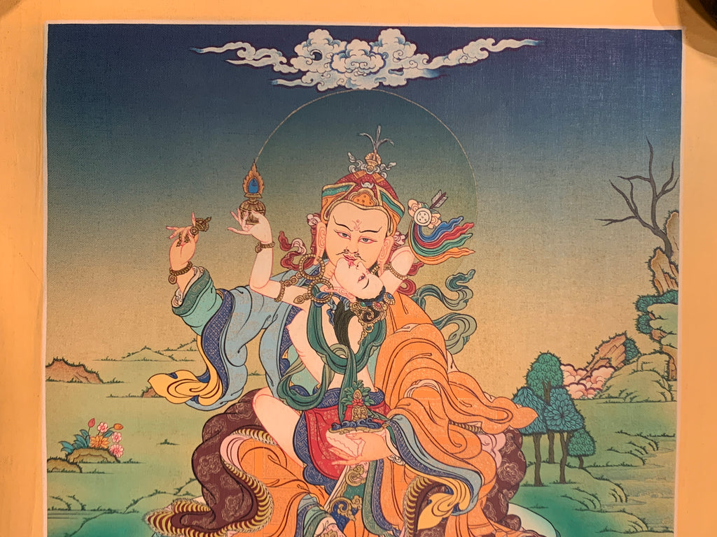 Hand painted Guru rinpoche yabyum thangka. guru padmasambhava in union form.