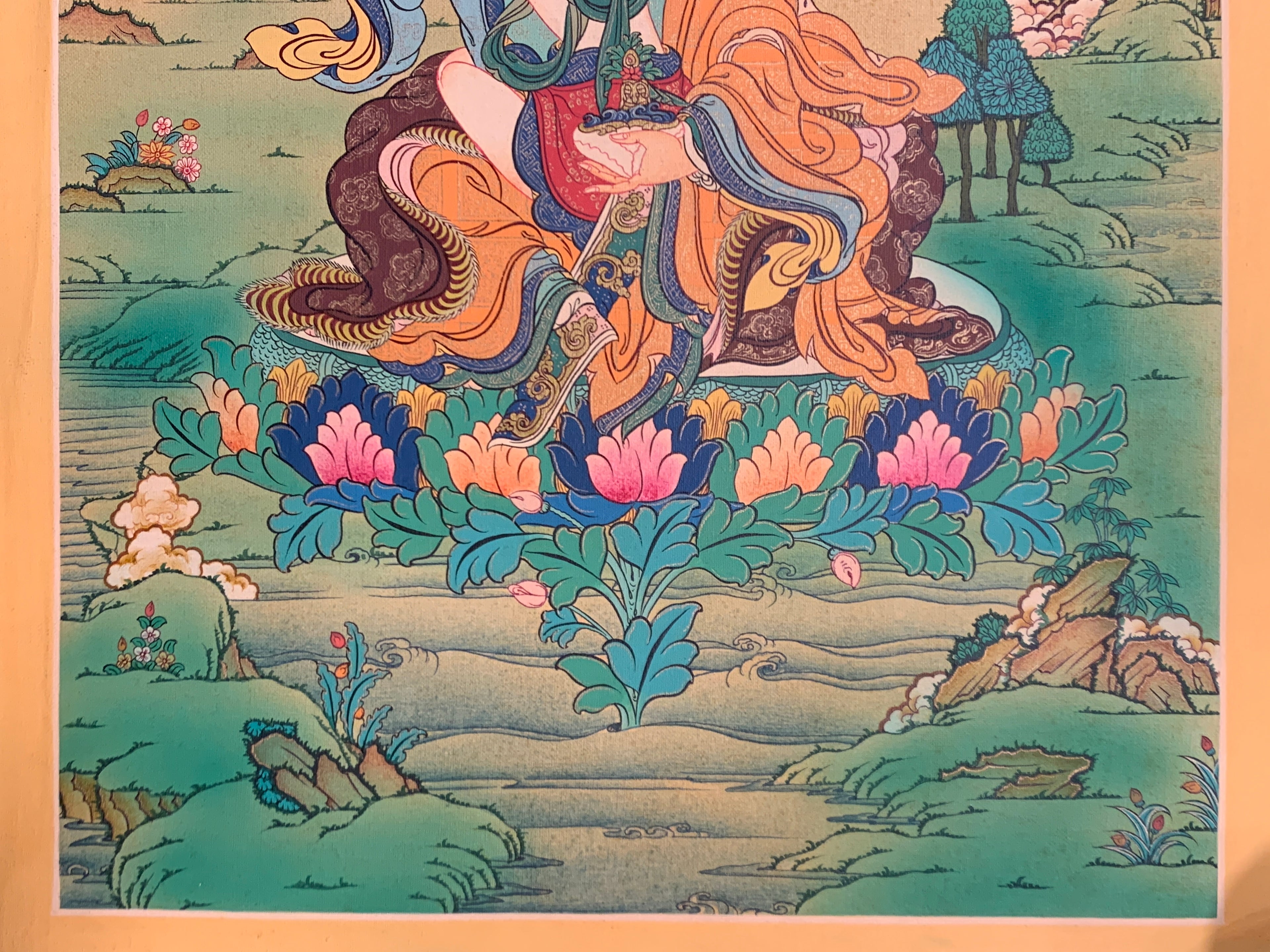 Hand painted Guru rinpoche yabyum thangka. guru padmasambhava in union form.