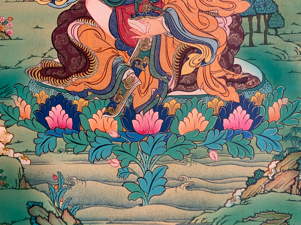 Hand painted Guru rinpoche yabyum thangka. guru padmasambhava in union form.