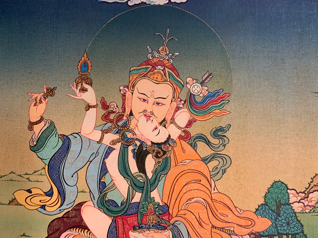 Hand painted Guru rinpoche yabyum thangka. guru padmasambhava in union form.