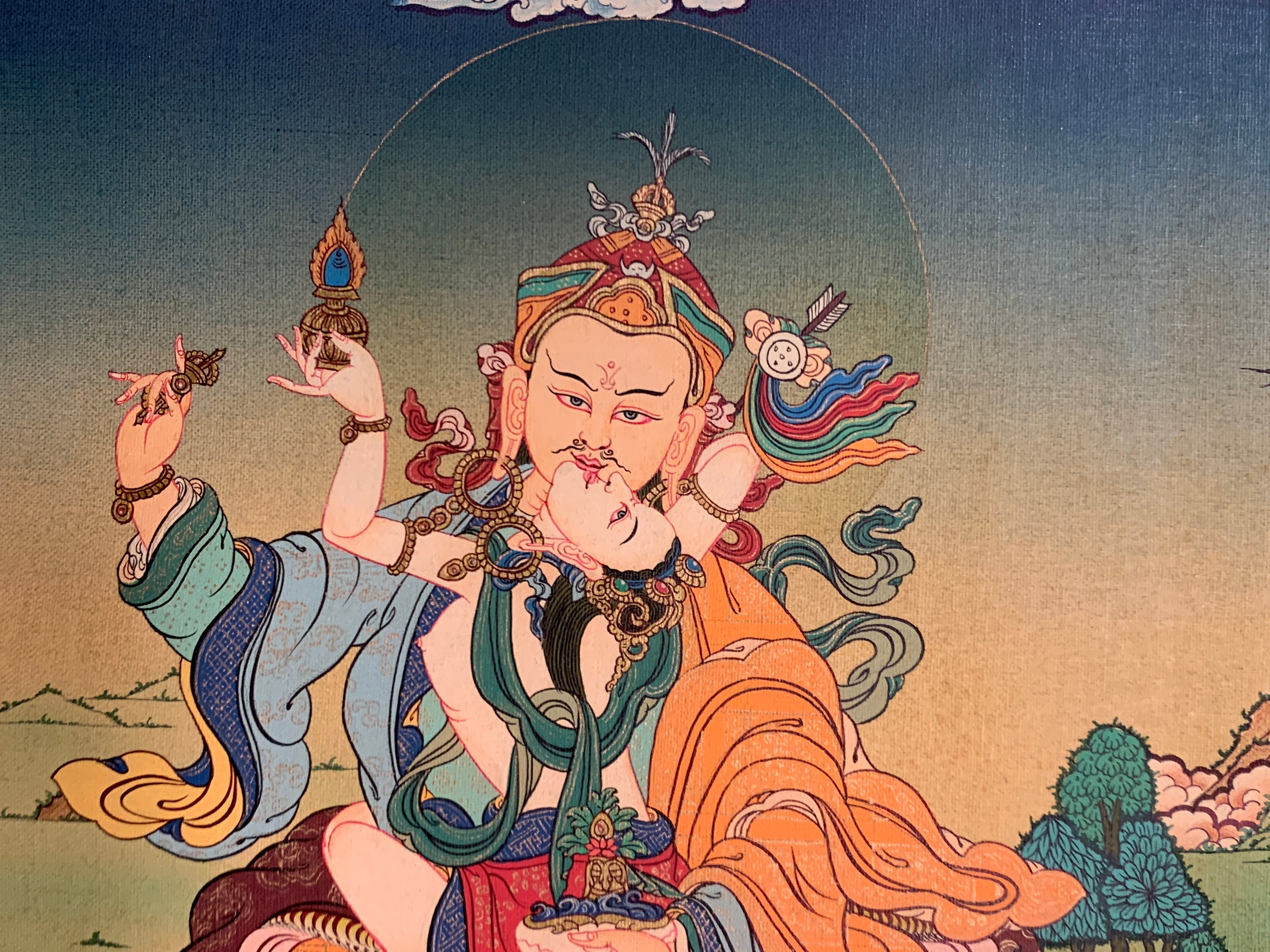 Hand painted Guru rinpoche yabyum thangka. guru padmasambhava in union form.